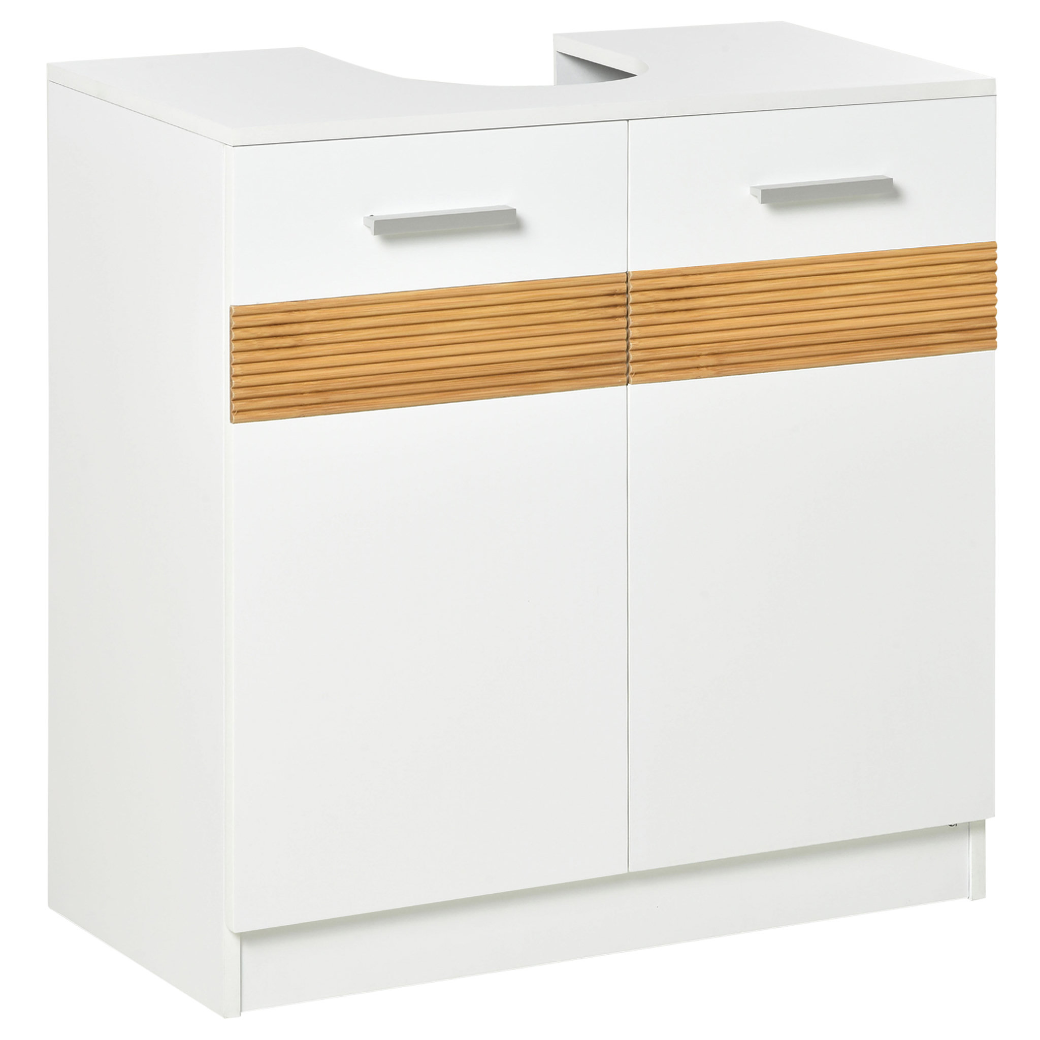 Voir la diapositive 1 : KLEANKIN Meuble vasque style cosy chic bandeau 10 bambous placard 2 portes avec étagère MDF dim. 60L x 30l x 60,5H cm blanc