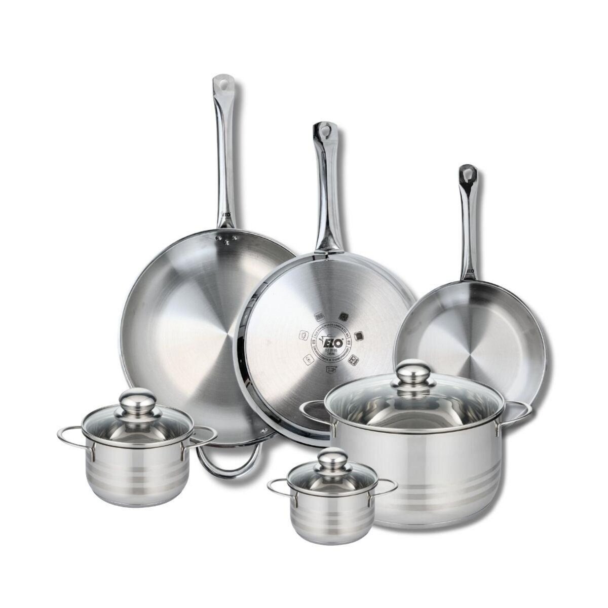 ELO Ensemble de 3 Poêles de cuisson 24, 28 et 32 cm et 3 faitouts 12, 14 et 24 cm Elo Profi Brillant