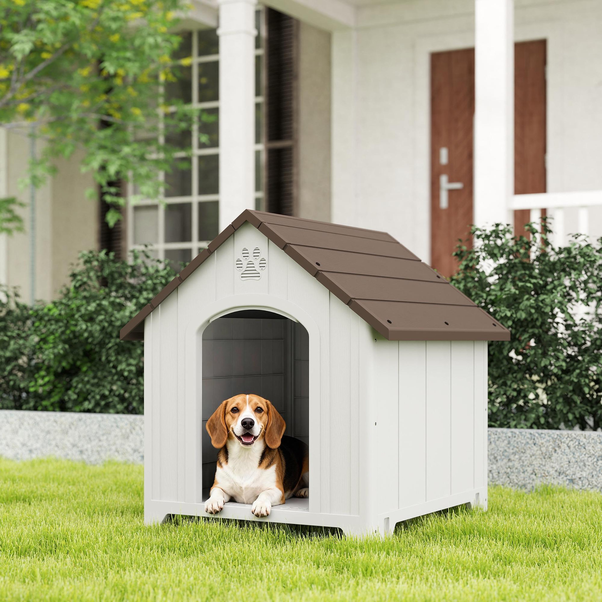 Voir la diapositive 2 : PAWHUT Niche chien plastique effet bois design chalet - 88 x 79 x 89 cm - gris clair marron