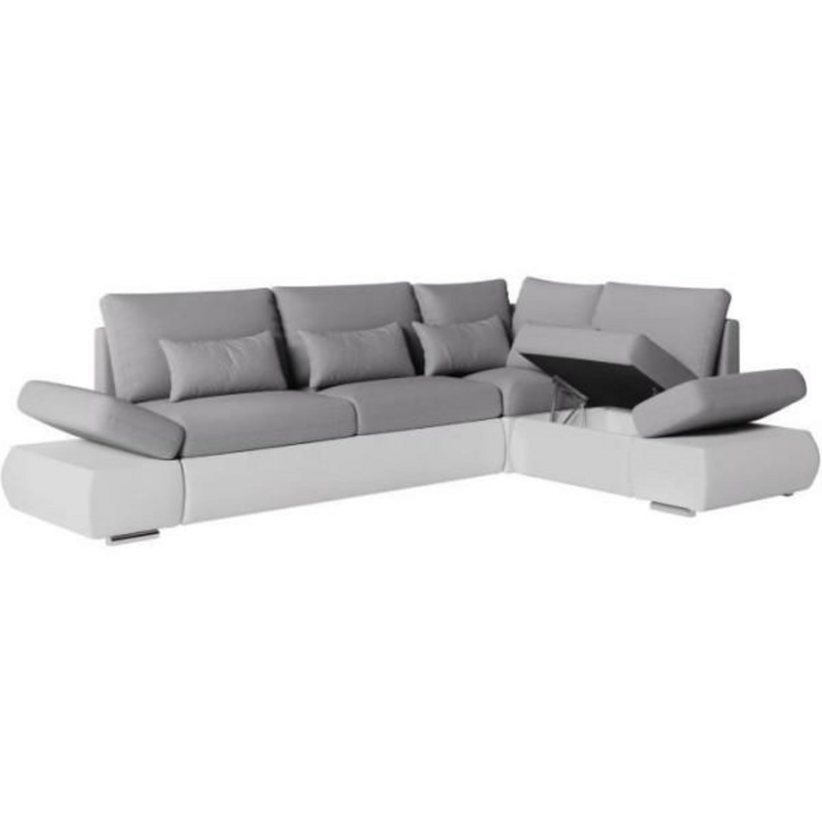 LOUNGITUDE Canapé d'angle réversible convertible SEVARA 4 places - PU blanc et tissu gris clair - Coffre de rangement - L267 x P200 x H90