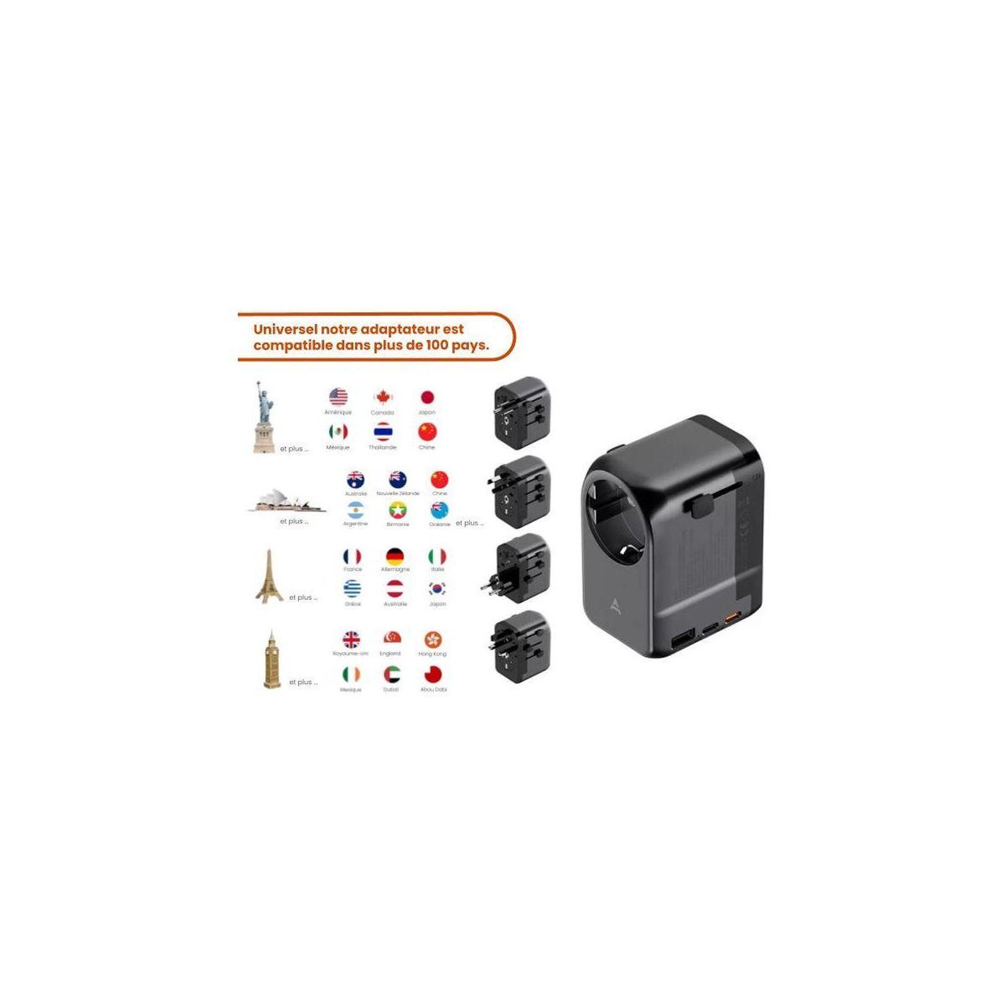 Voir la diapositive 2 : ADEQWAT Adaptateur de voyage 65w universel eu uk us asie