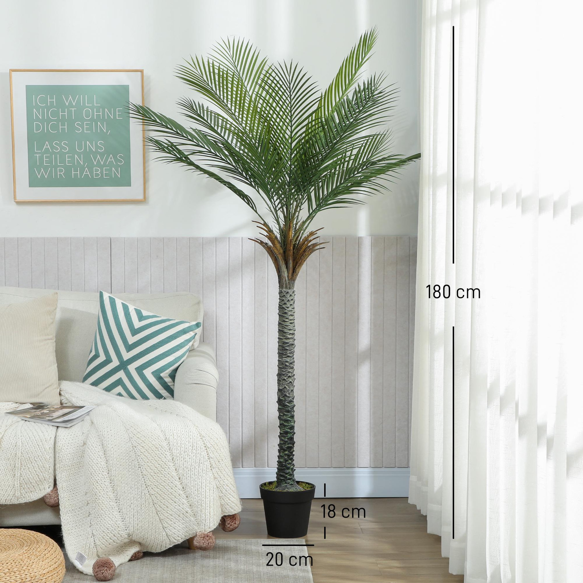 Voir la diapositive 3 : HOMCOM Grand palmier artificiel H.180 cm tropical 15 feuilles réalistes lichen pot inclus