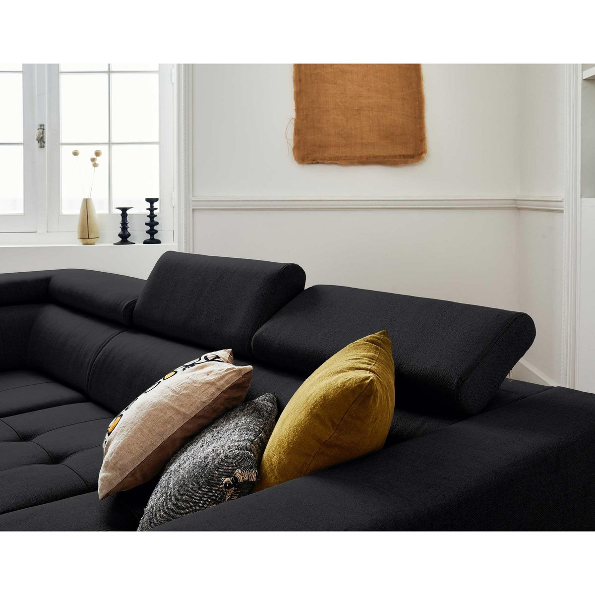 LISA DESIGN Olinda - canapé d'angle gauche - 5 places - convertible avec coffre et têtières réglables - en tissu