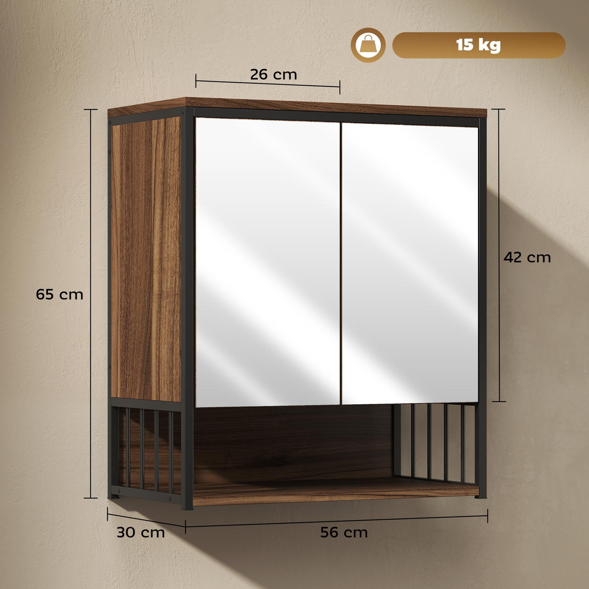Voir la diapositive 3 : HOMCOM Armoire miroir murale salle de bain 2 portes design - étagère, niche - métal noir effet bois noyer