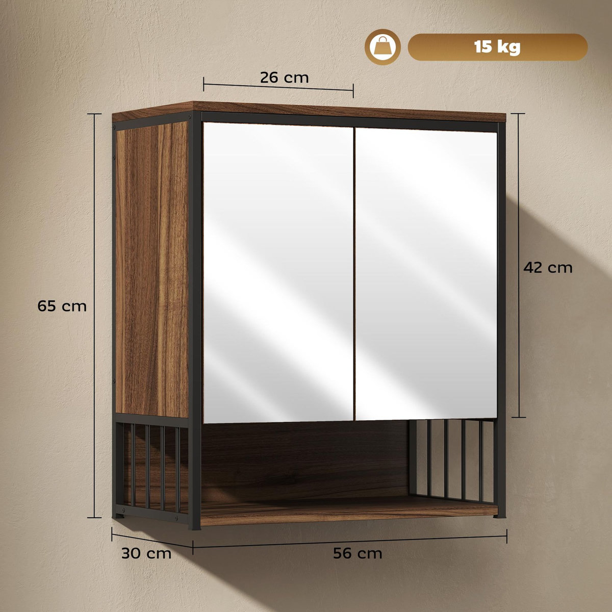HOMCOM Armoire miroir murale salle de bain 2 portes design - étagère, niche - métal noir effet bois noyer
