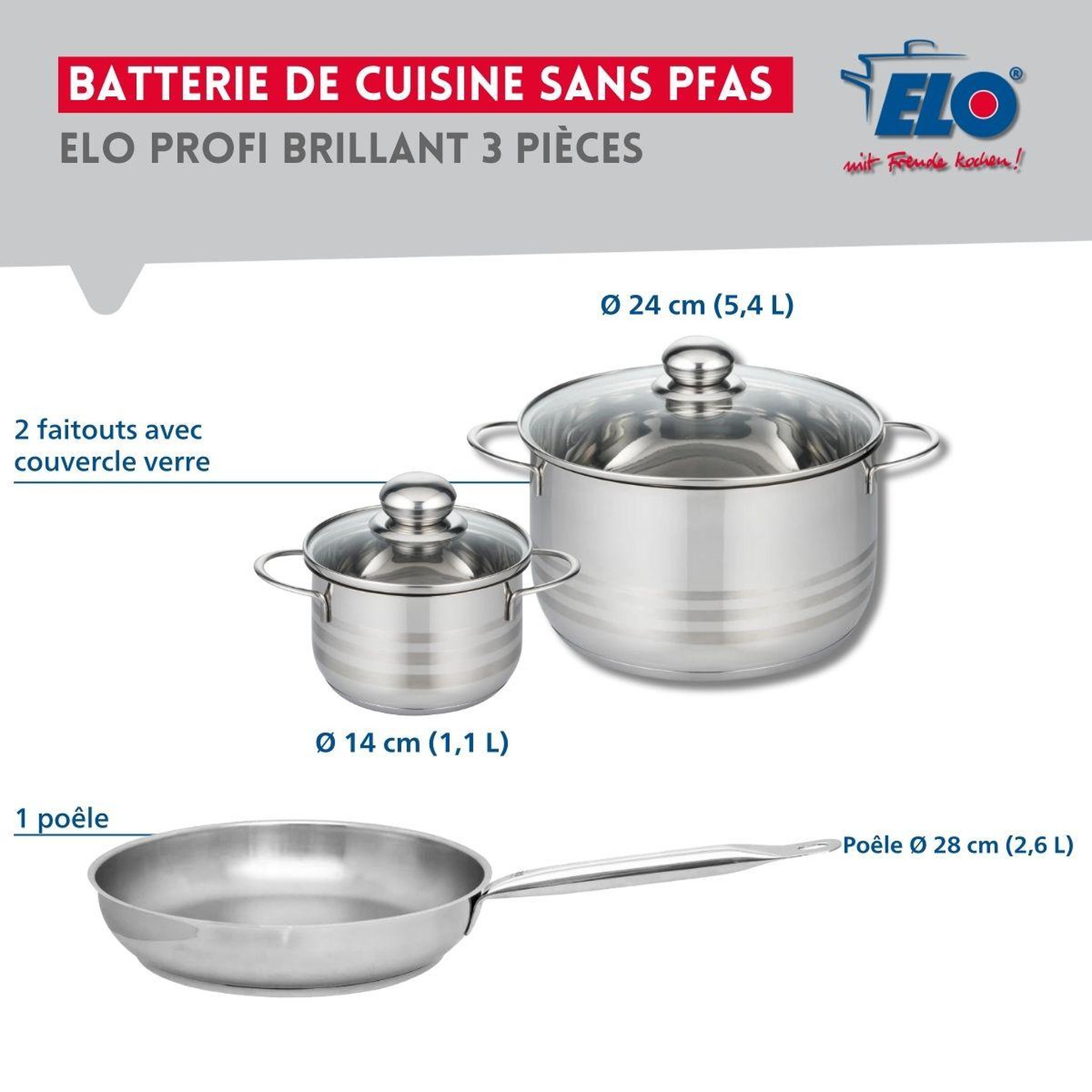 Voir la diapositive 2 : ELO Ensemble de 1 poêle de cuisson 28 cm et 2 faitouts 14 et 24 cm elo profi brillant