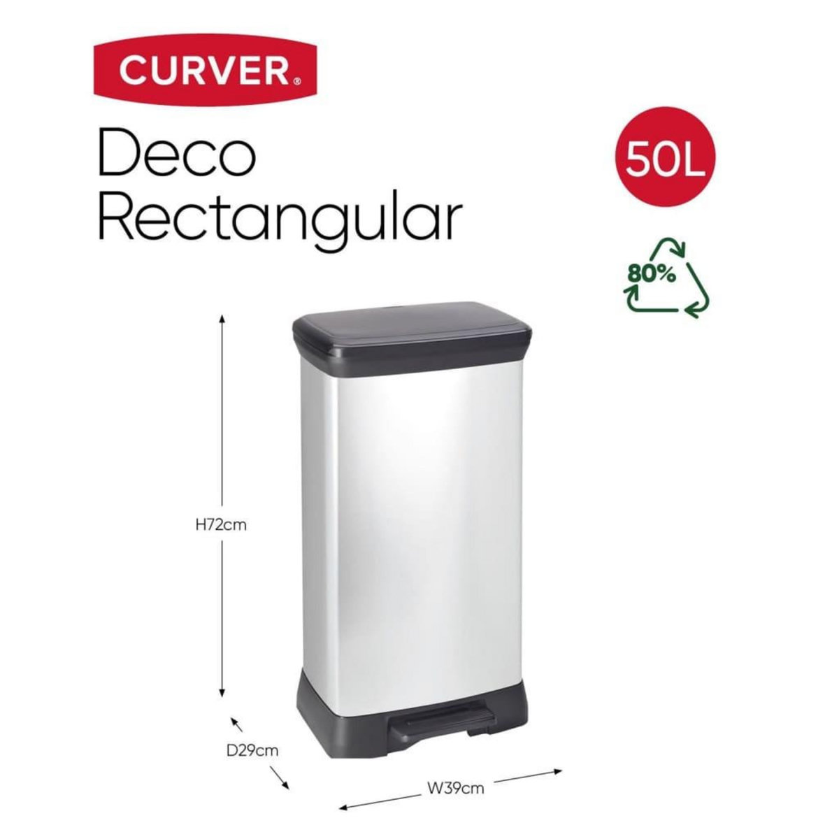 CURVER Curver Poubelle a pedale Deco Rectangulaire 50 L Argente