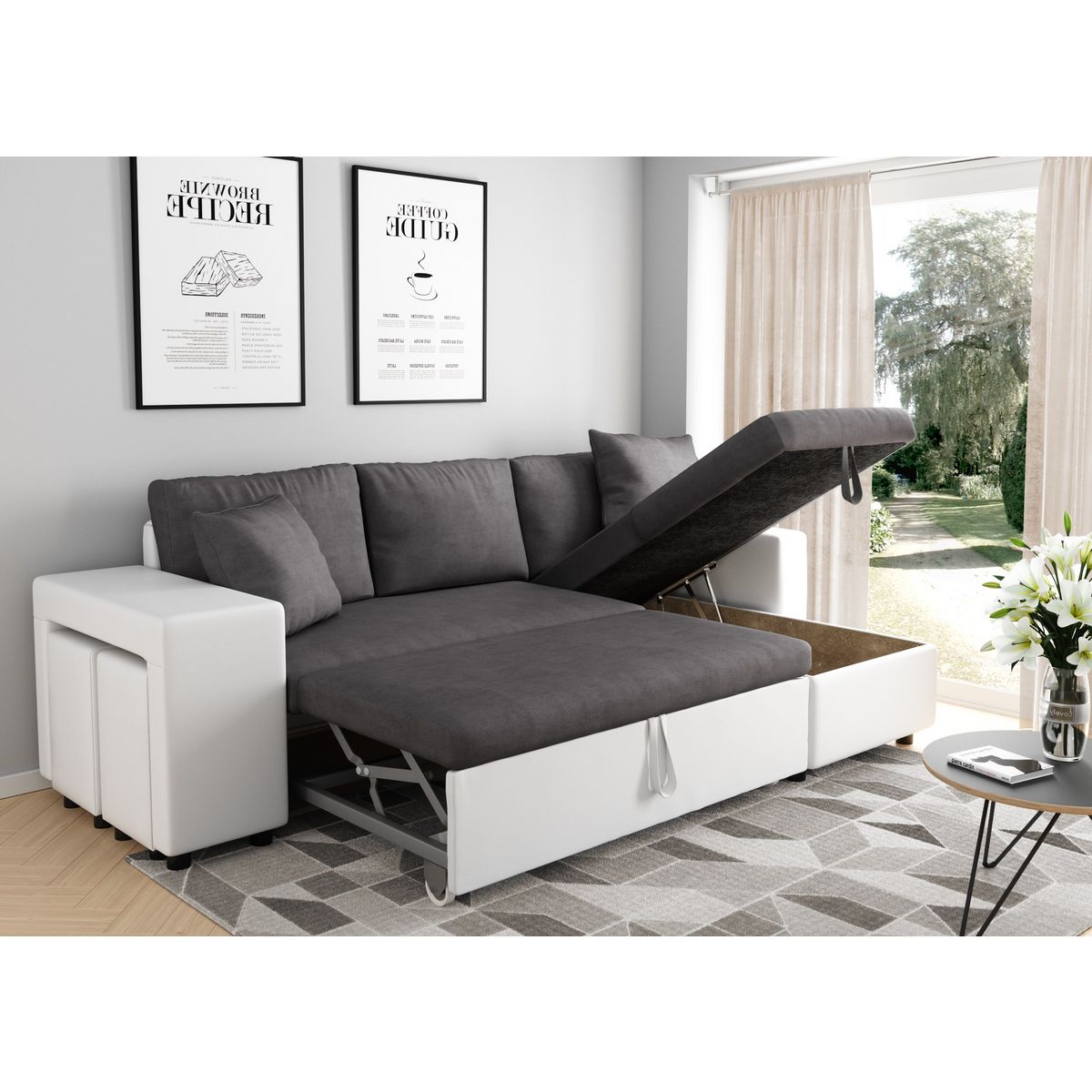 Canapé angle droit convertible + 2 poufs + coffre tissu simili ANETTA