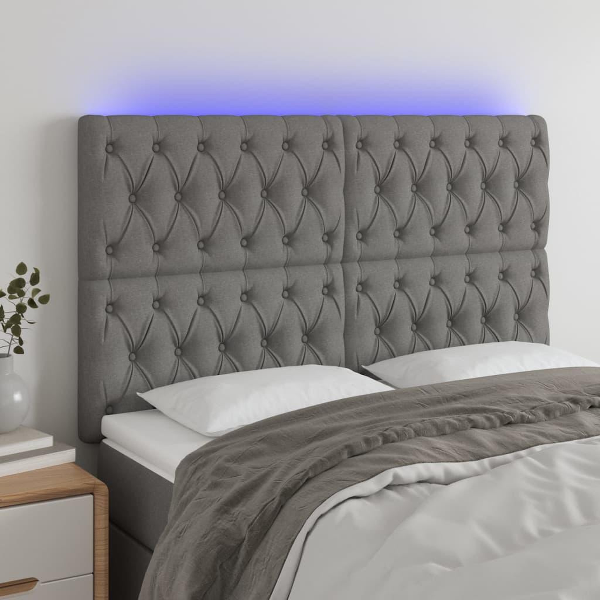 Voir la diapositive 1 : VIDAXL Tete de lit a LED Gris fonce 160x7x118/128 cm Tissu