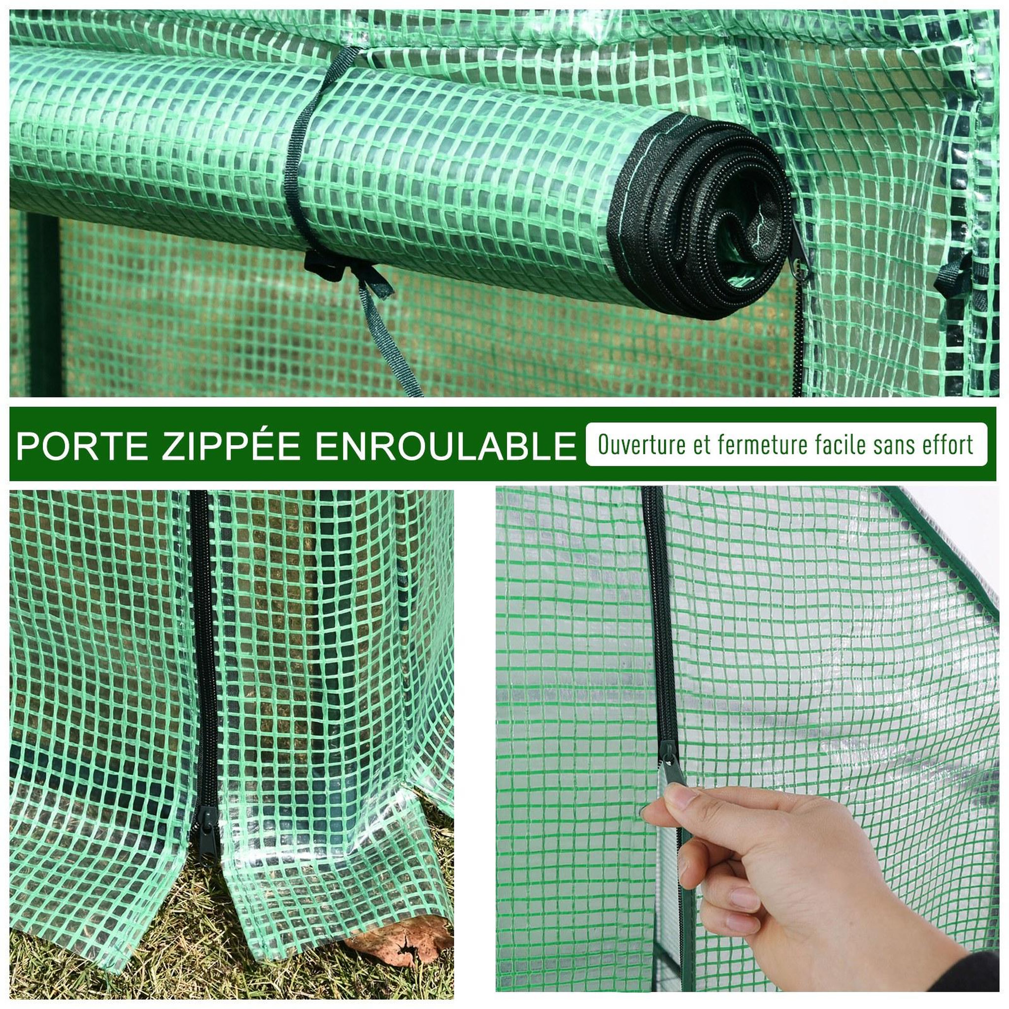 Voir la diapositive 6 : OUTSUNNY Serre de jardin serre à tomates anti-UV dim. 100L x 50l x 150H cm porte zipée déroulante acier PE vert