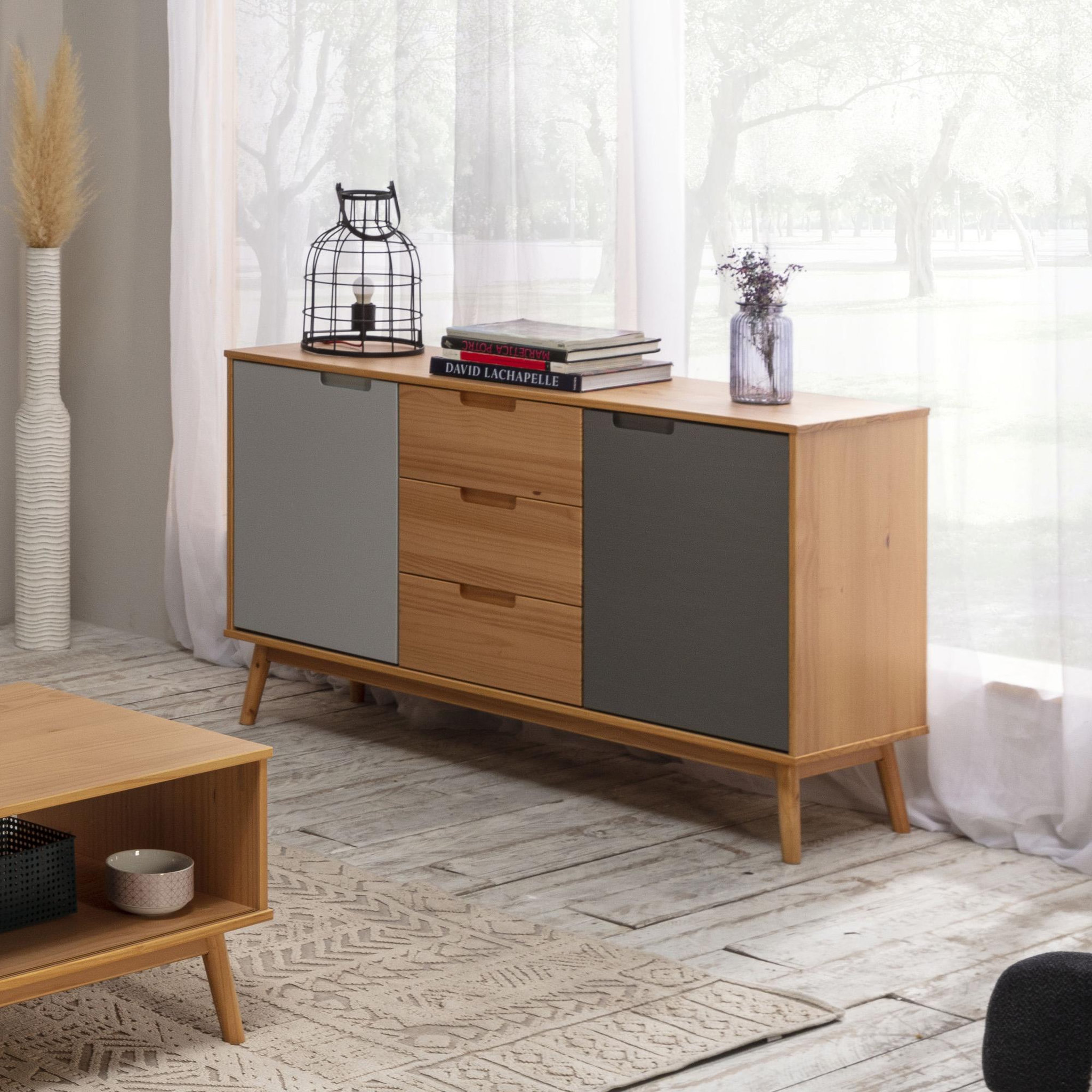 Voir la diapositive 5 : VS VENTA-STOCK Buffet Bruce 3 tiroirs et 2 portes , bois massif, 140 cm Largeur