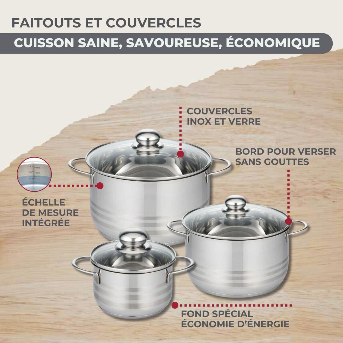 Fackelmann Set de 1 poêle 20 cm en inox et couvercle, 3 faitouts inox 16, 20 et 24 cm Fackelmann Geneva