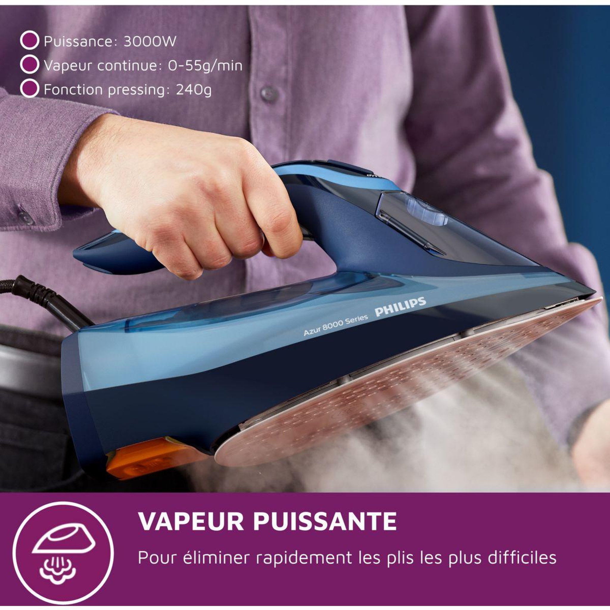 Voir la diapositive 5 : Philips Fer à repasser dst8020/20 fer à vapeur bleu