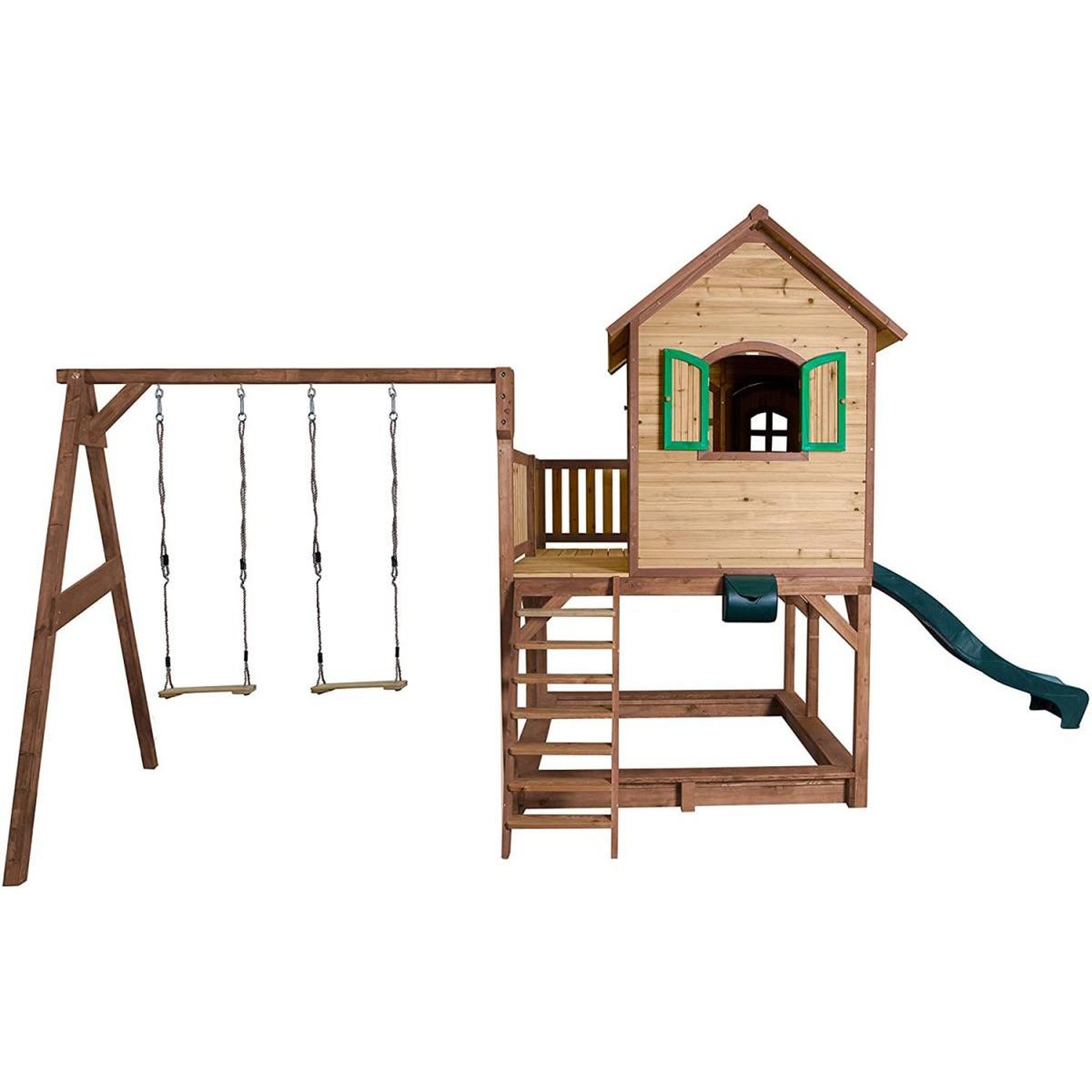 Voir la diapositive 3 : Axi House Axi Maisonnette LIAM Brun Vert avec 2 balancoires toboggan et bac à sable