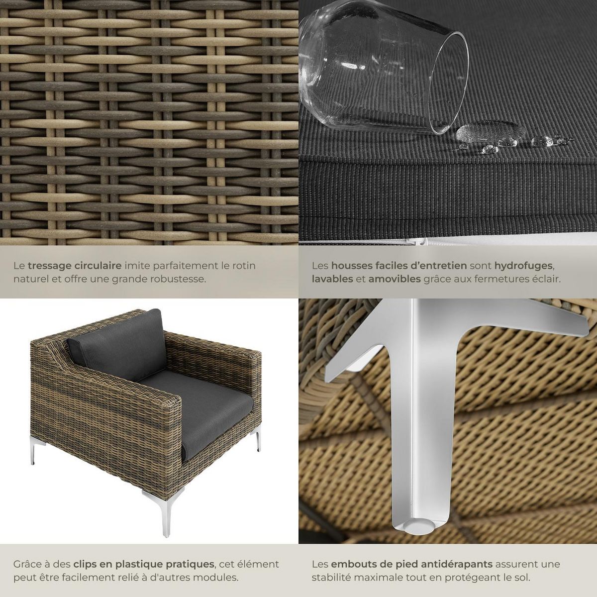 tectake Ensemble salon de jardin modulable en rotin fauteuil structure en aluminium gris anthracite chiné