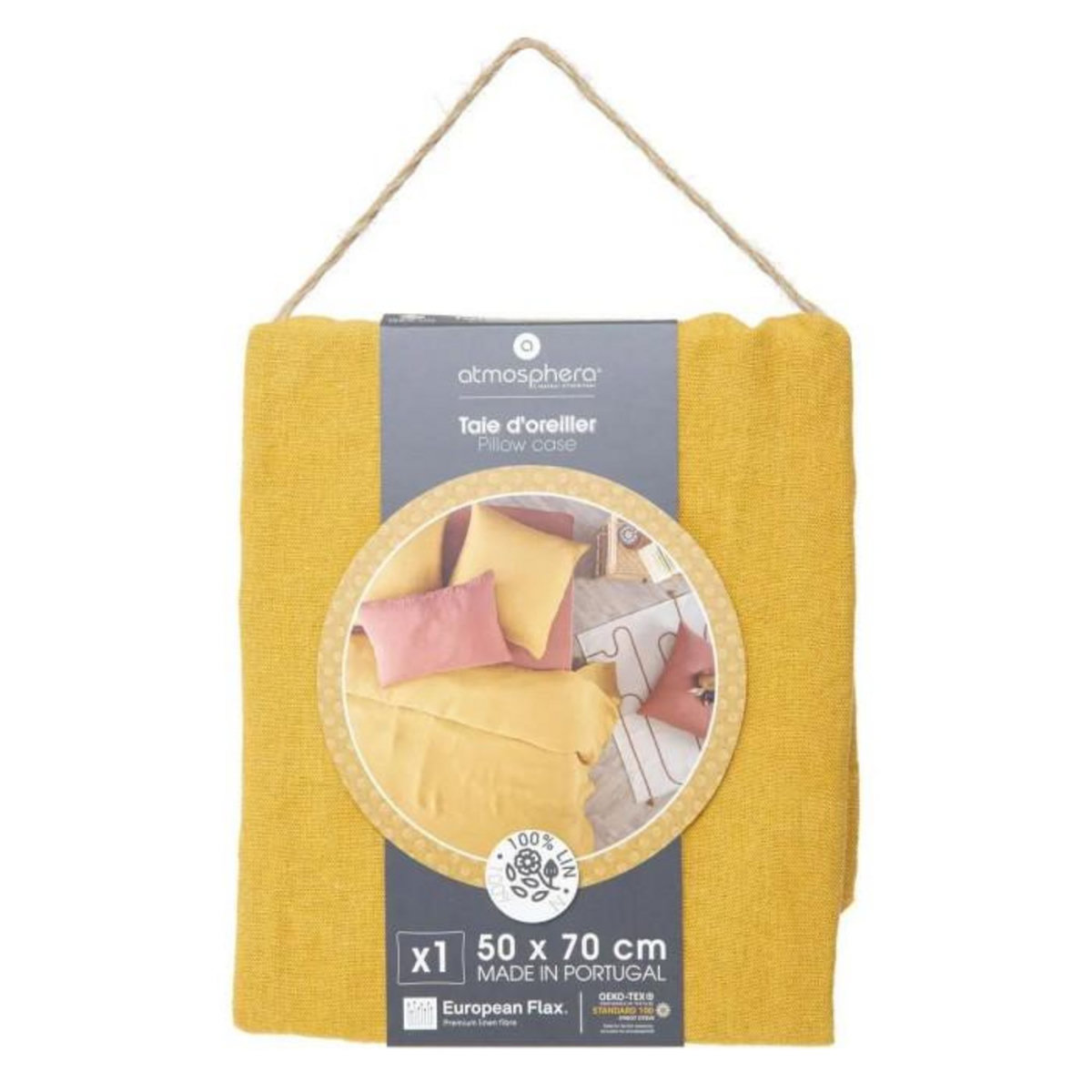 ATMOSPHERA Taie d'Oreiller en Lin  Adorable  50x70cm Jaune Ocre