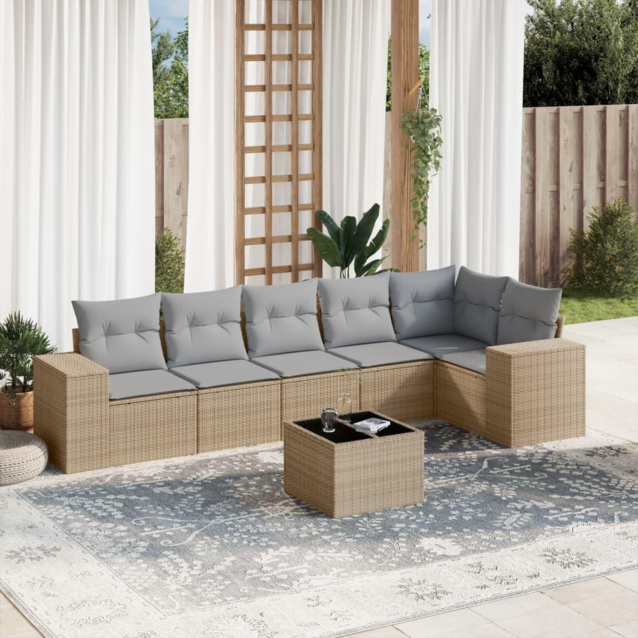 VIDAXL Salon de jardin avec coussins 7 pcs beige resine tressee