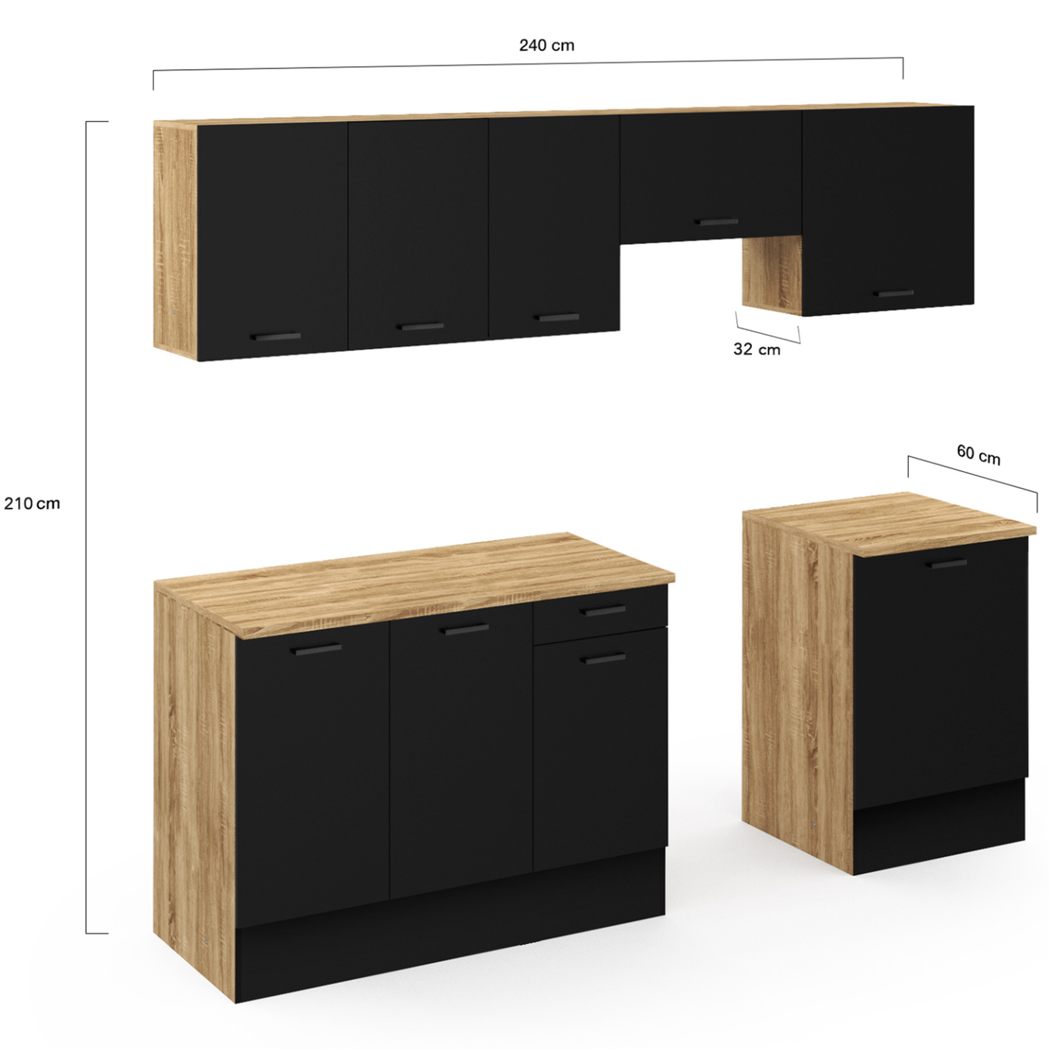 Voir la diapositive 5 : ID MARKET Cuisine complète 240 cm subtil avec plan de travail 7 éléments bois et noir