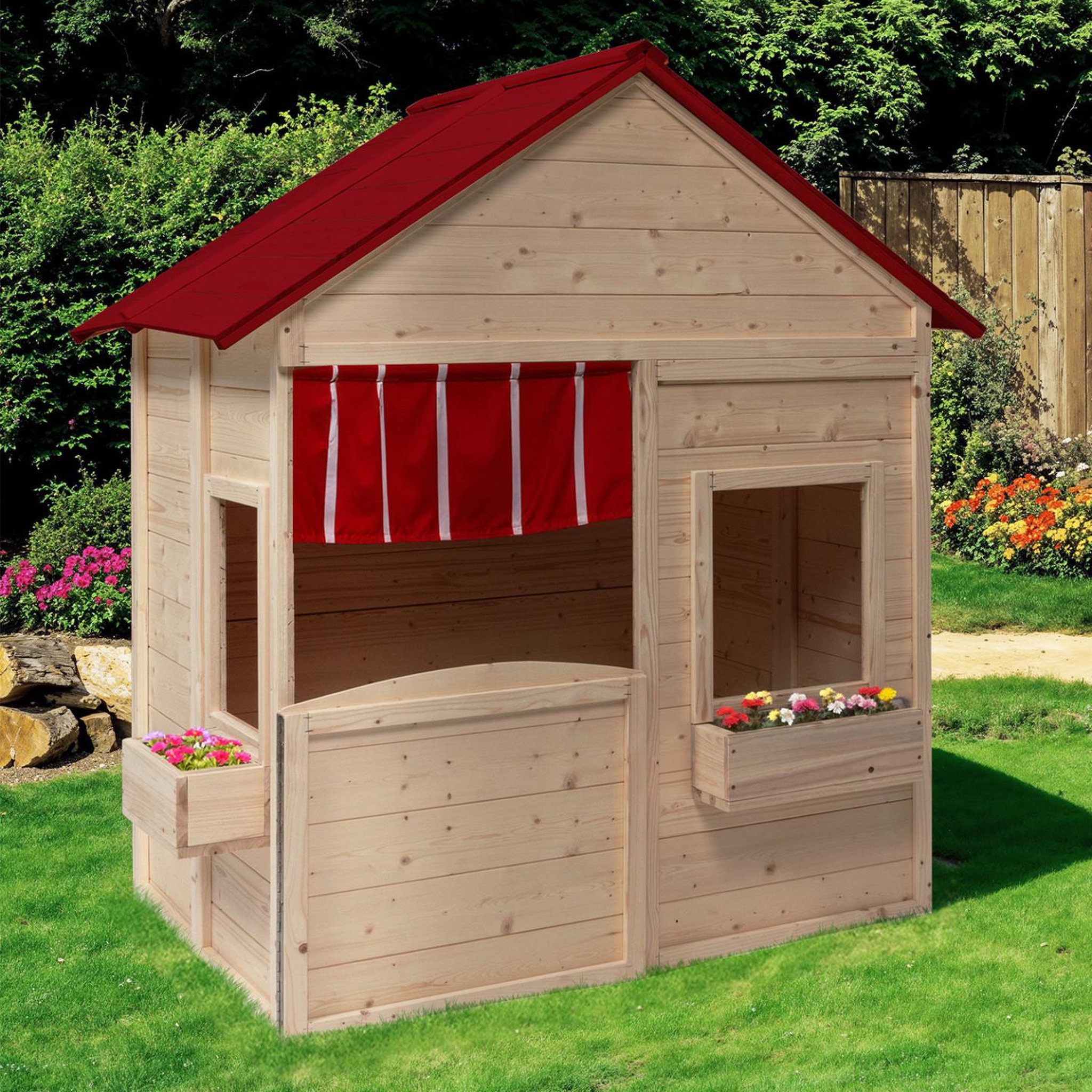 Voir la diapositive 2 : ID MARKET Maisonnette enfant en bois adventure, cabane de jeux extérieure
