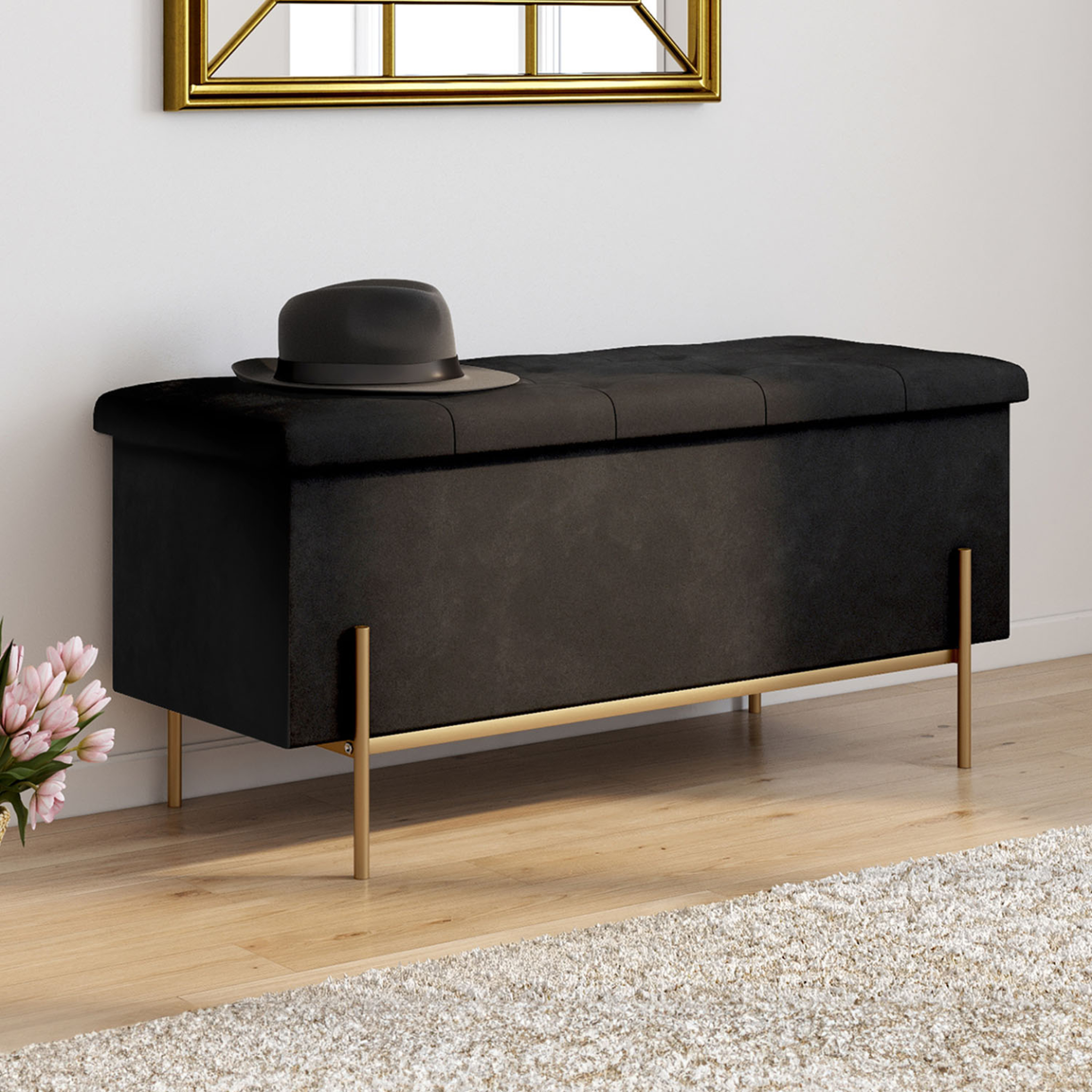 Voir la diapositive 2 : ID MARKET Banc coffre rangement louis pieds métal doré 100 cm velours noir