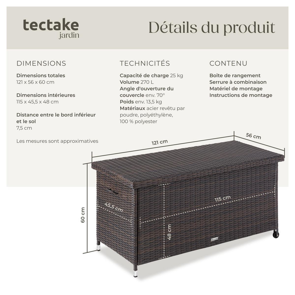 tectake Coffre de jardin pour coussins 270 l, avec tressage en rotin marron