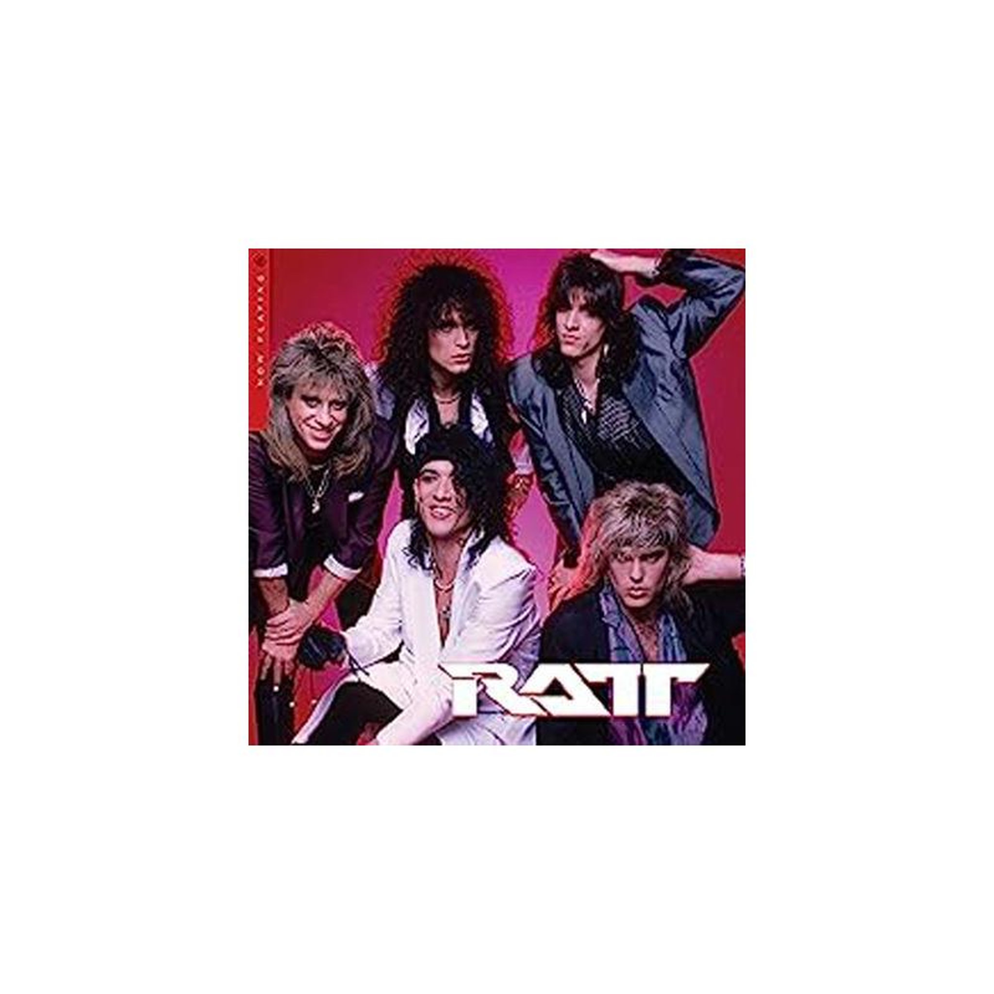 Housse de disque ratt, photo de groupe rouge/rose/violet avec logo stylisé