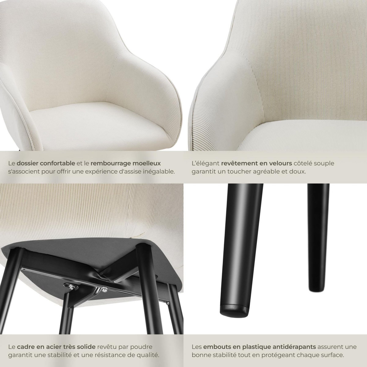 tectake Chaise de salle à manger rembourrée en velours côtelé crème/noir Lot de 6