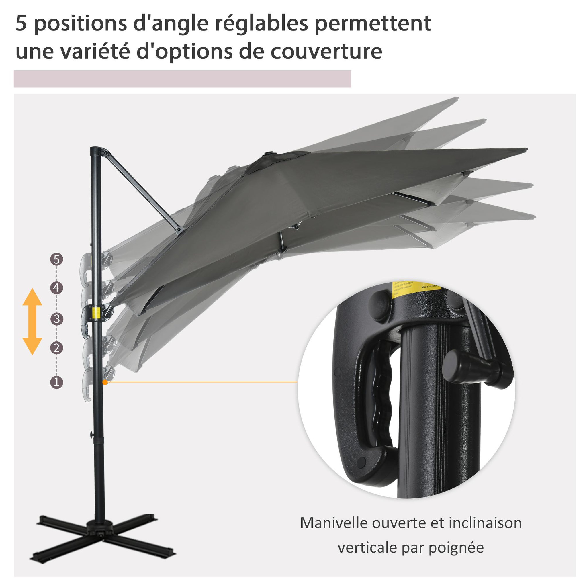 Voir la diapositive 5 : OUTSUNNY Parasol déporté carré inclinable manivelle avec pied en acier dim. 2,45L x 2,45l x 2,45H m métal alu. polyester haute densité gris