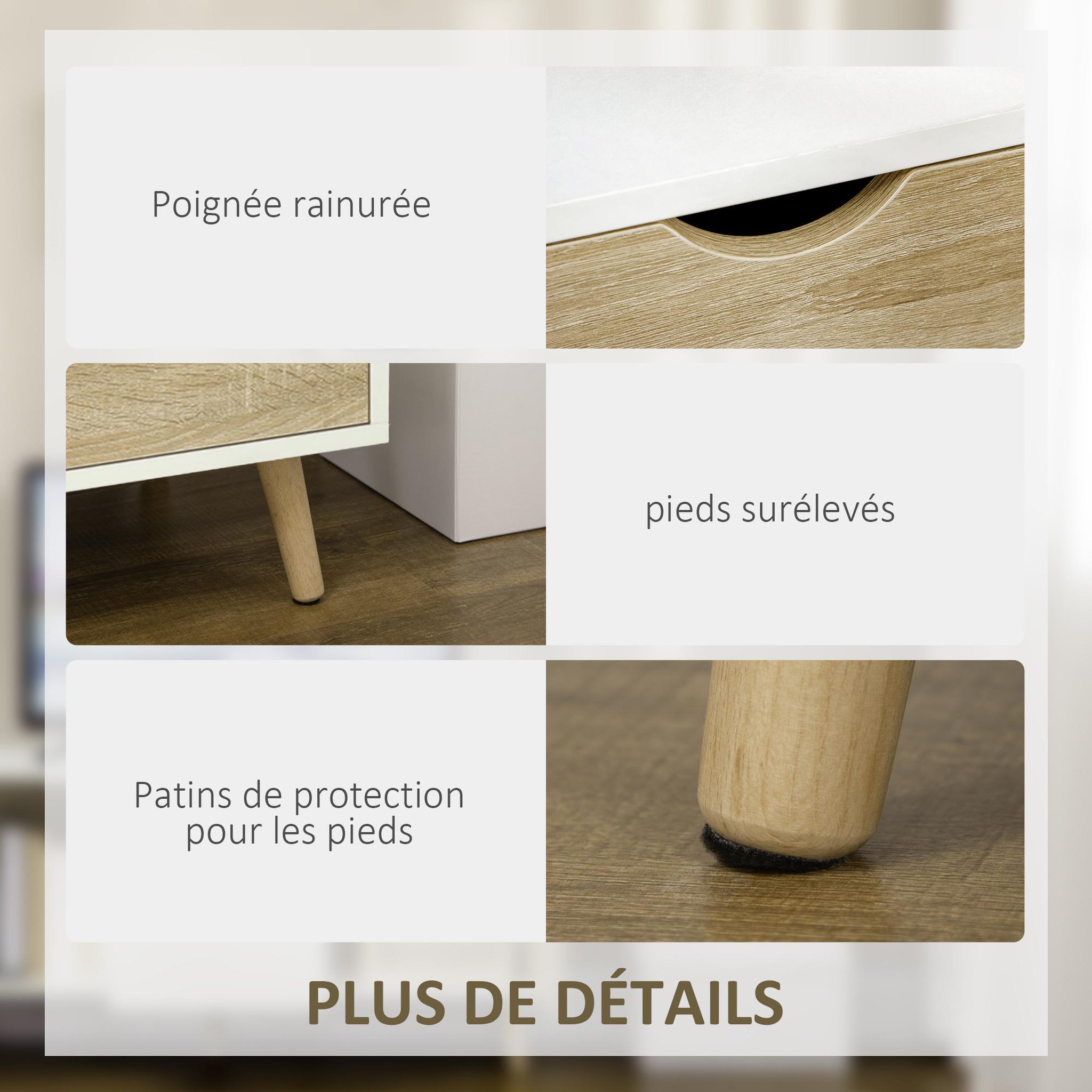 Voir la diapositive 6 : HOMCOM Meuble TV banc TV style scandinave 2 portes tiroir niche piètement bois de pin panneaux blanc aspect chêne clair