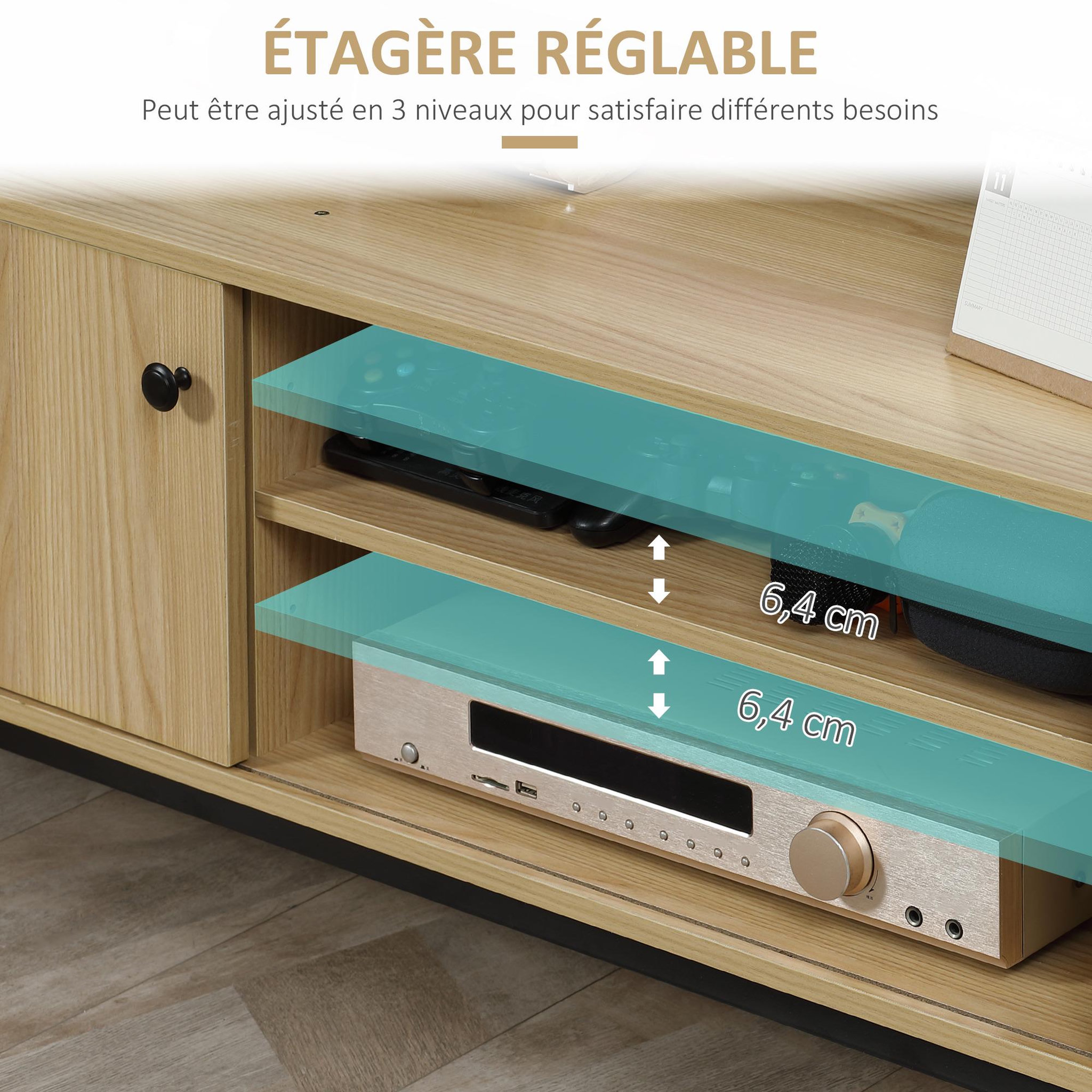 Voir la diapositive 4 : HOMCOM Meuble TV banc TV design industriel - porte coulissante, 2 niches, 2 passe-fils - piètement métal noir panneaux aspect bois clair
