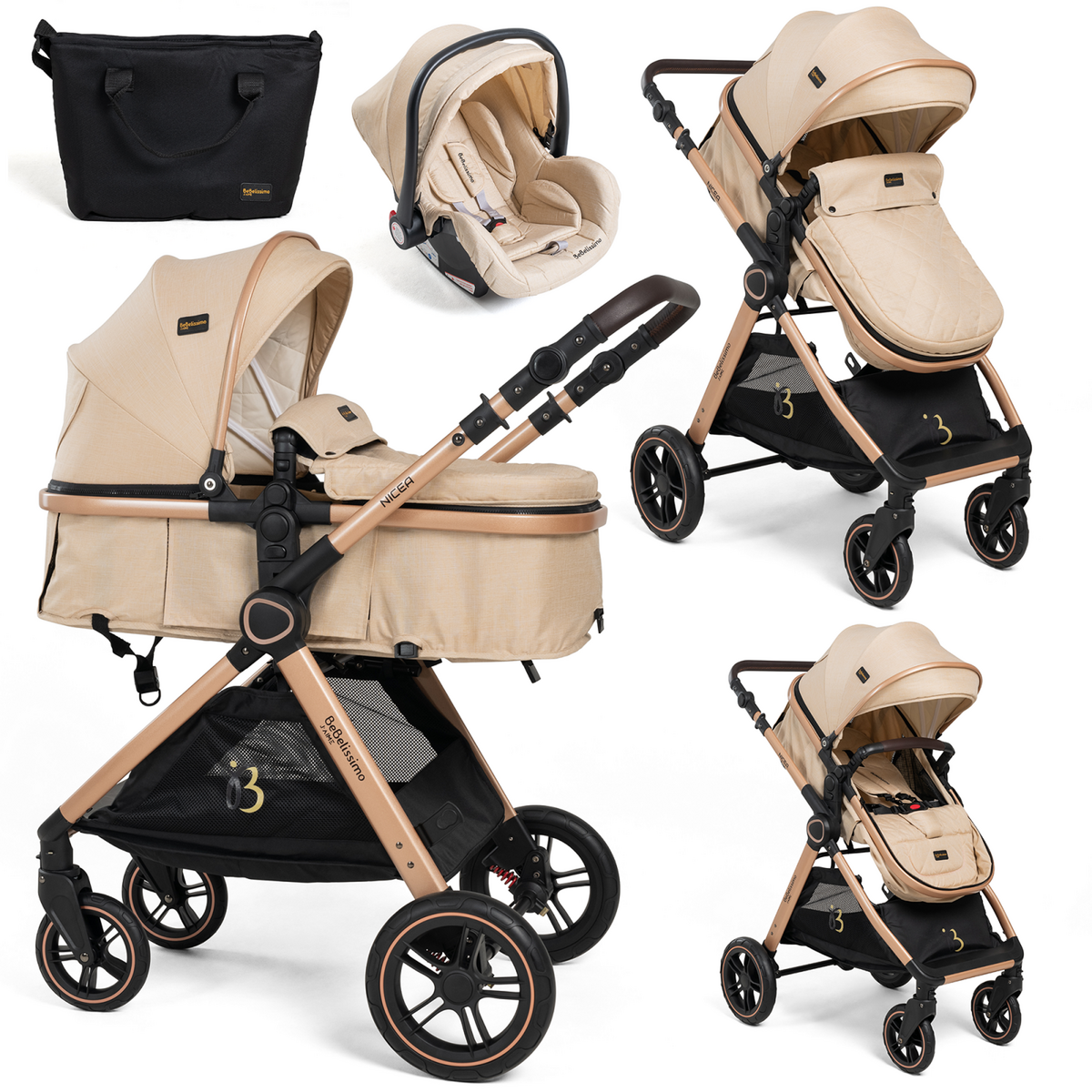 Bebelissimo - Poussette Combinée Trio 3 En 1 - Siège Auto 0m – Nacelle –  Dès La Naissance – Jusqu’à 22kg – Premium Beige