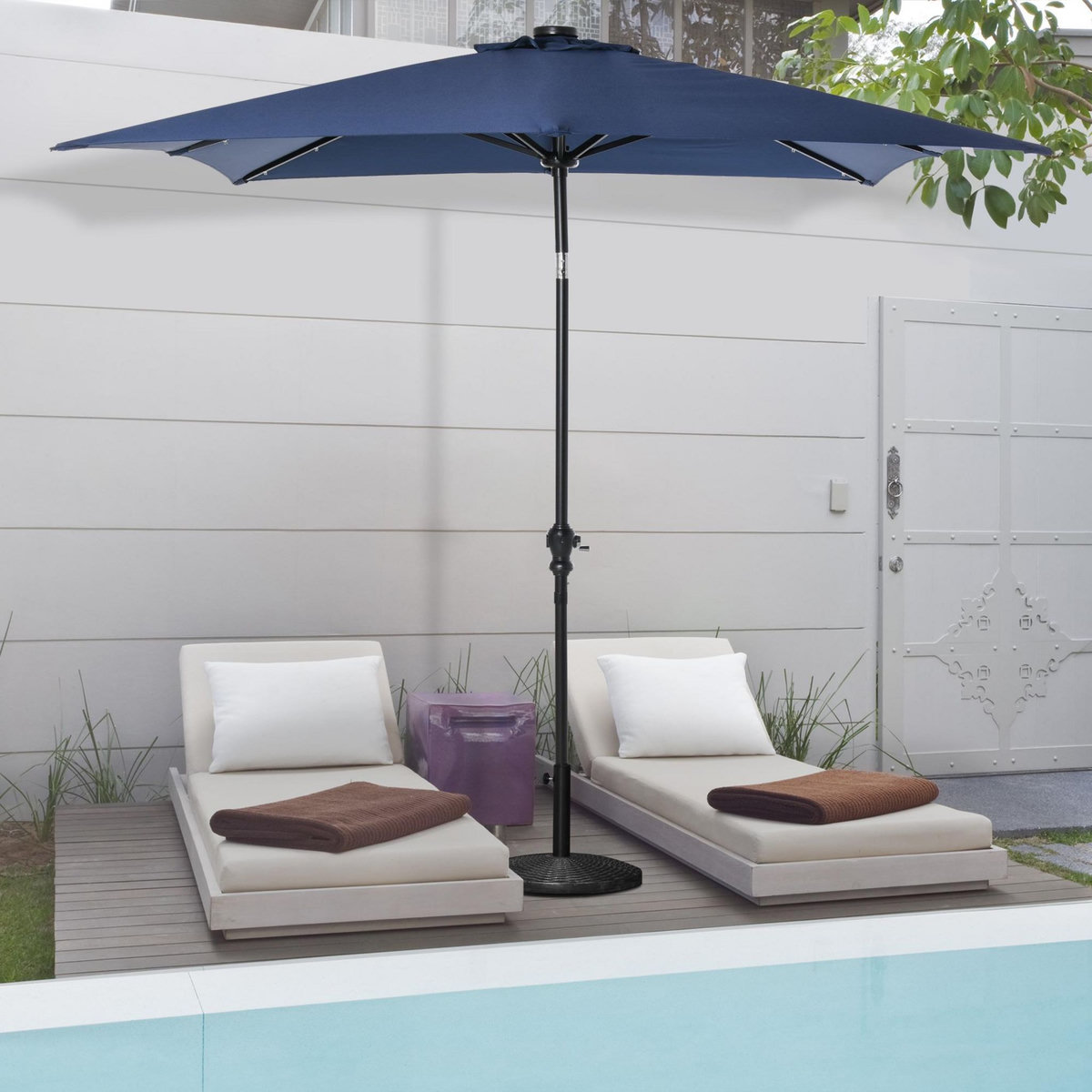 OUTSUNNY Parasol lumineux rectangulaire inclinable dim. 2,68L x 2,05l x 2,48H m parasol LED solaire métal polyester haute densité bleu