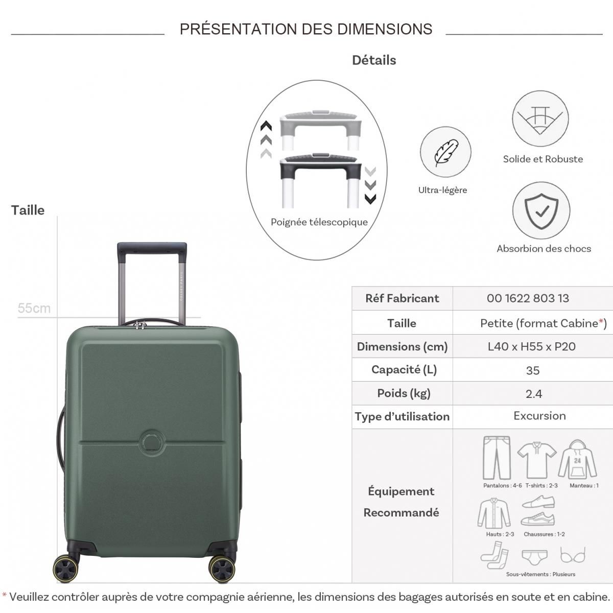 Delsey Valise cabine rigide ultra-légère Turenne 2.0 TSA polycarbonate 55cm