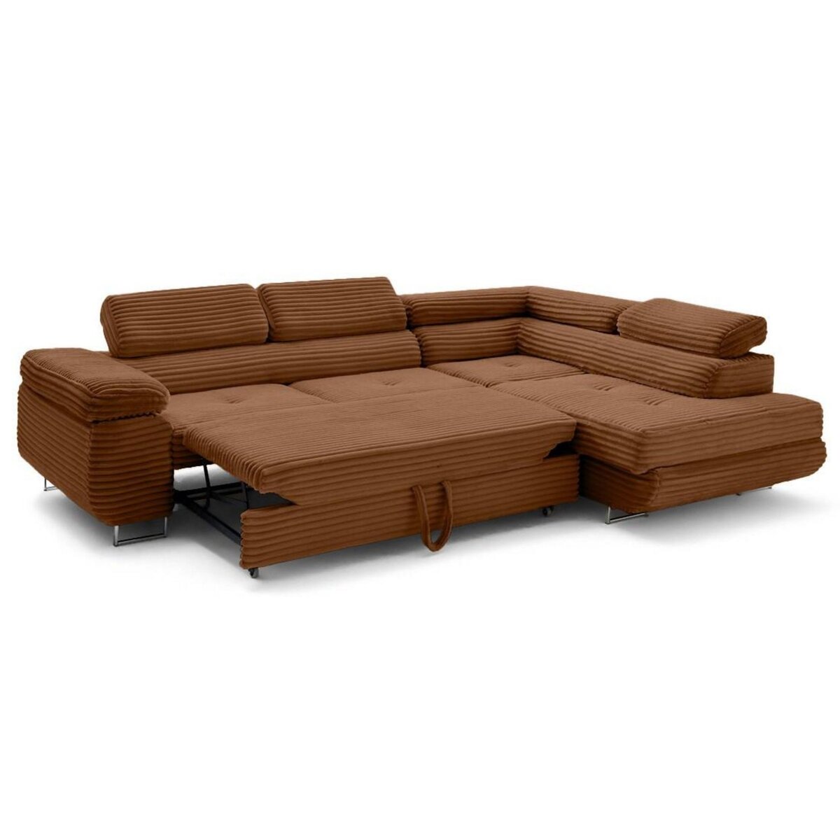 LISA DESIGN Zaria - canapé d'angle droit 5 places convertible avec coffre et têtières en velours côtelé grosses côtes