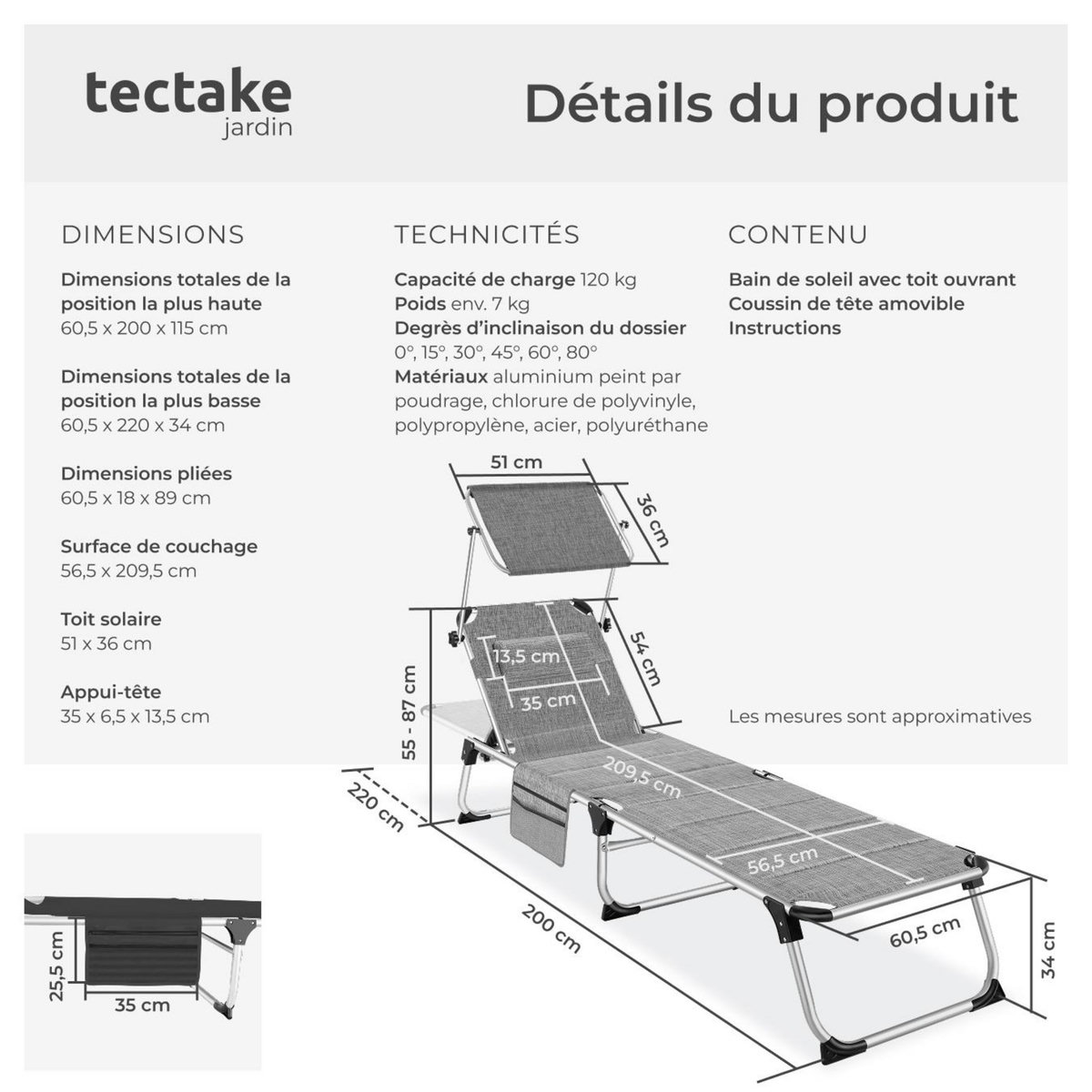 tectake Bain de soleil rembourré et pliable gris tacheté