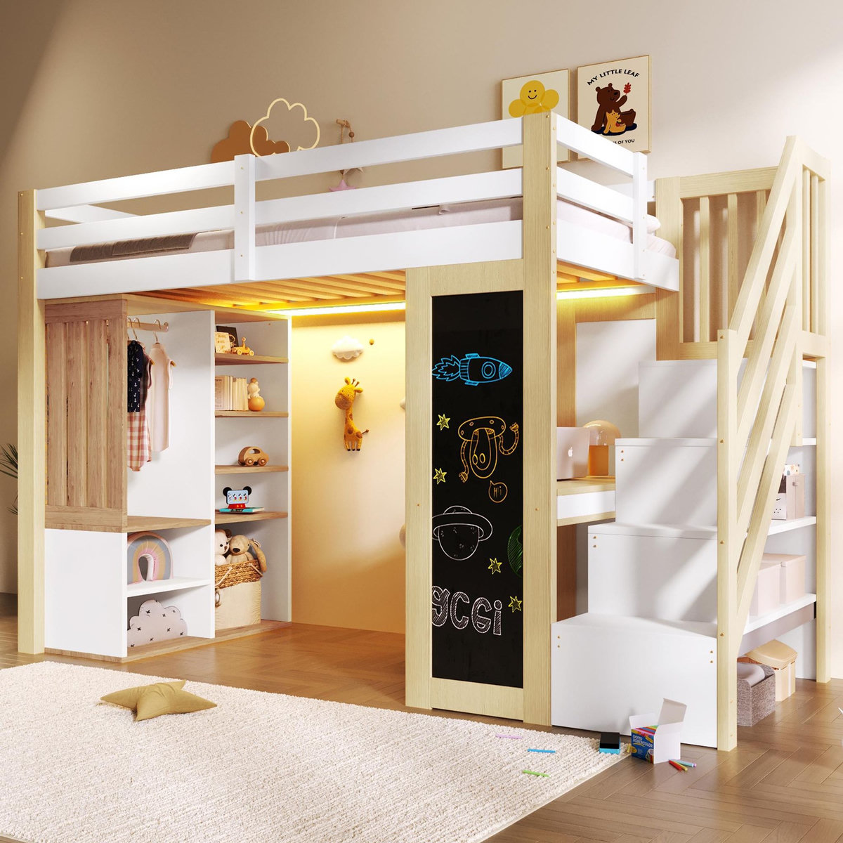 MERAX Lit combiné enfant 90x200 cm coloris blanc+naturel led pin