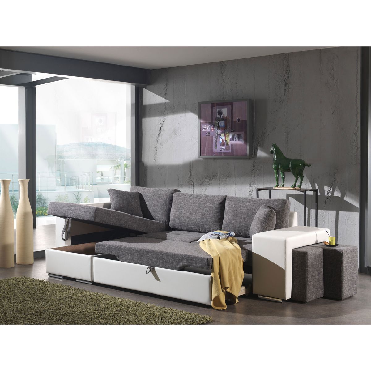 Canapé d'angle gauche convertible + 2 poufs RIGA