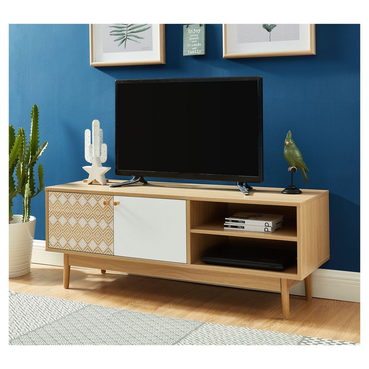 Meuble TV 2 portes 2 niches de rangement coloris blanc et chêne LUCAS