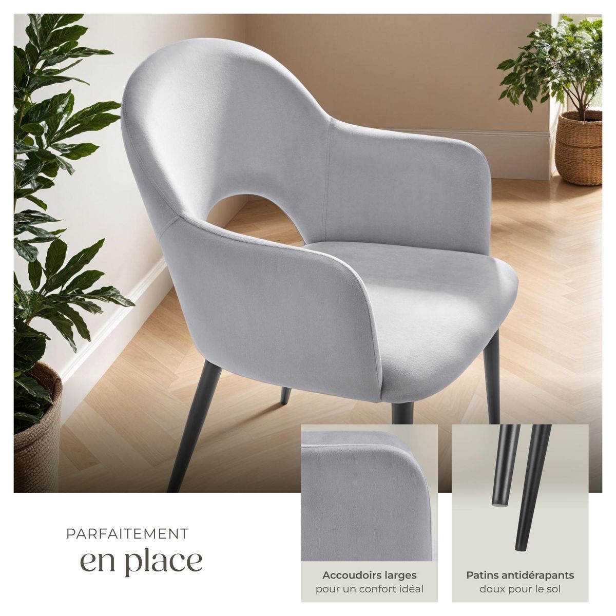 tectake Fauteuil en velours et rembourré gris clair Lot de 6