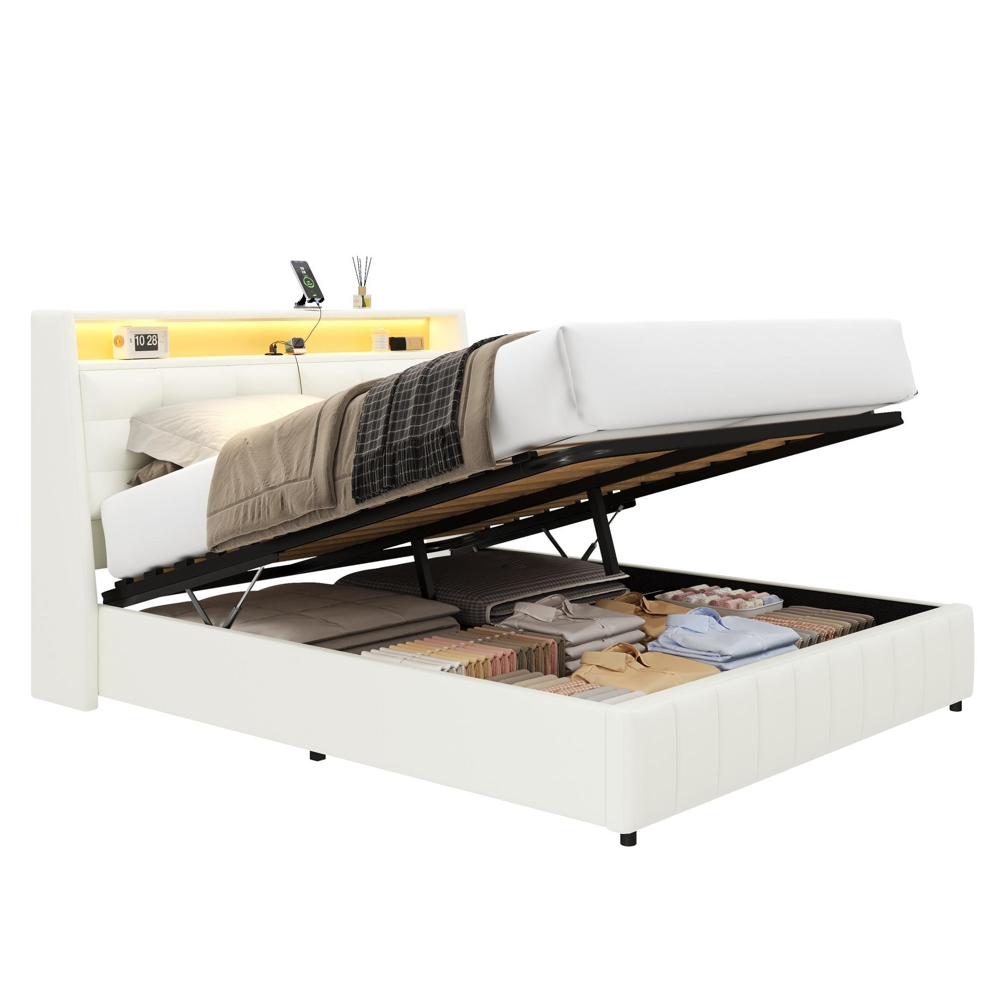 MERAX Lit coffre rembourré 160x200 cm coloris blanc led mdf