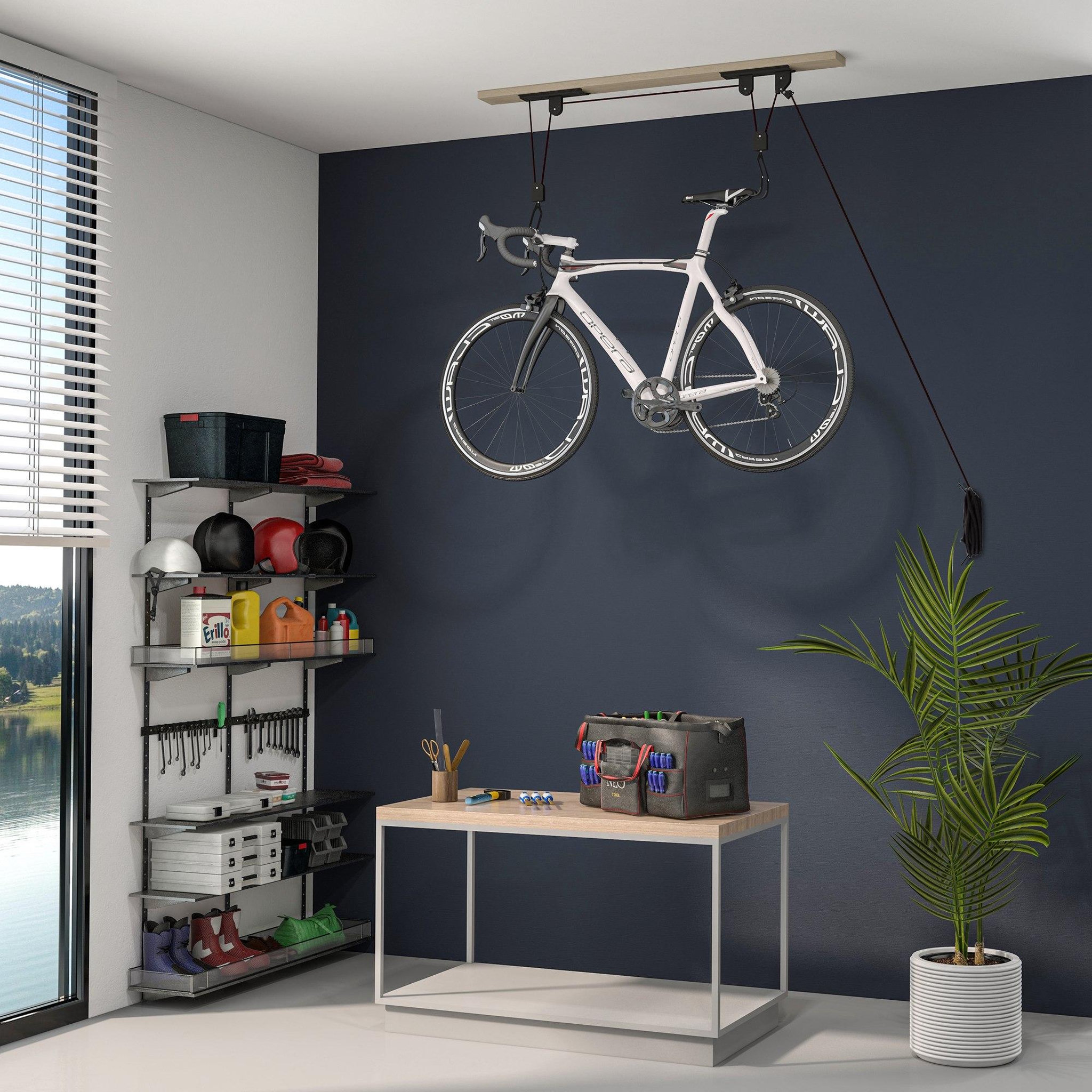 Voir la diapositive 2 : HOMCOM Élévateur de vélo support vélo plafond fixation murale ascenseur vélo avec poulie mécanisme de verrouillage capacité de chargement 20 kg acier noir