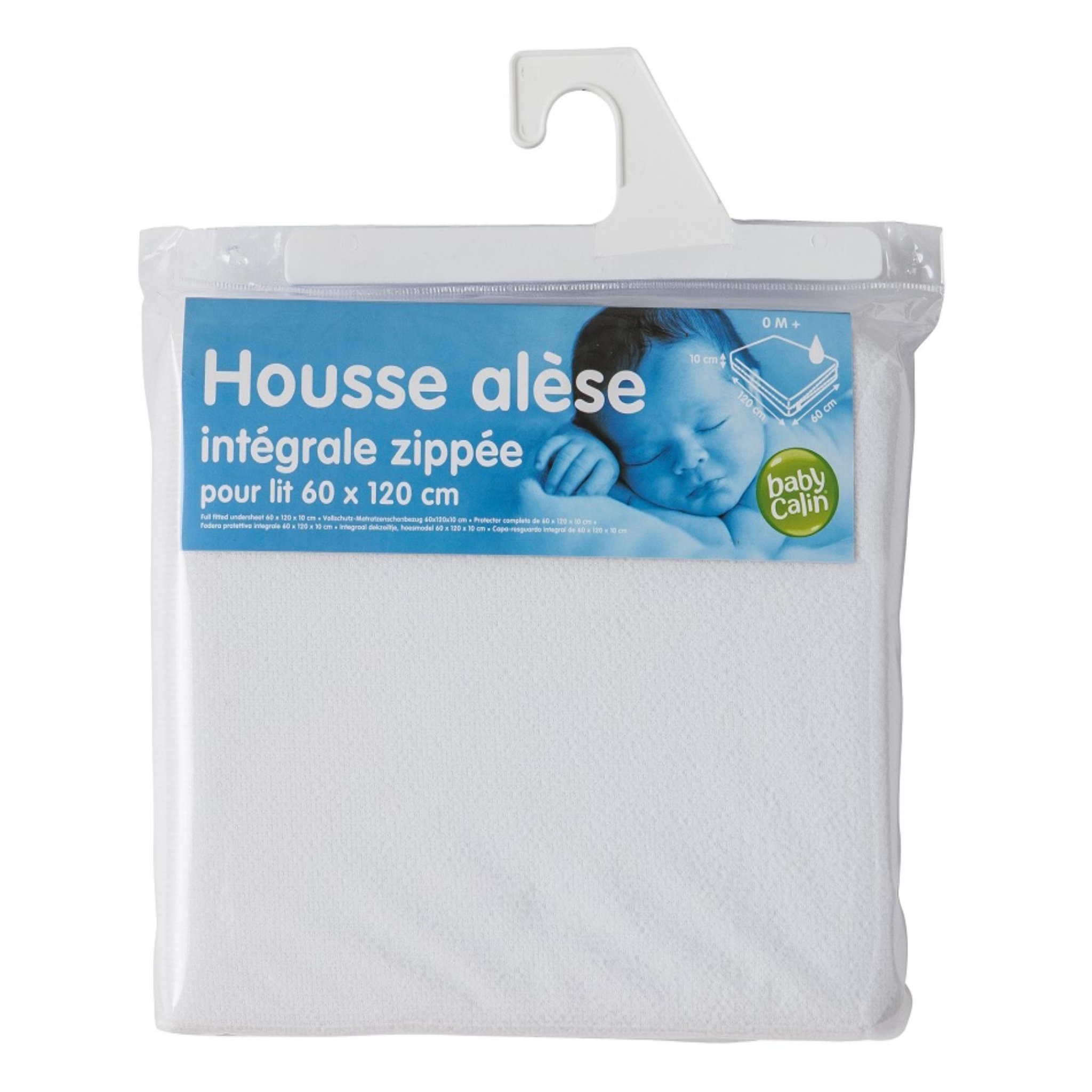 Voir la diapositive 2 : BABYCALIN Alèse bébé 60 x 120 cm en avec zippe - 100% polyester imperméable - Blanc