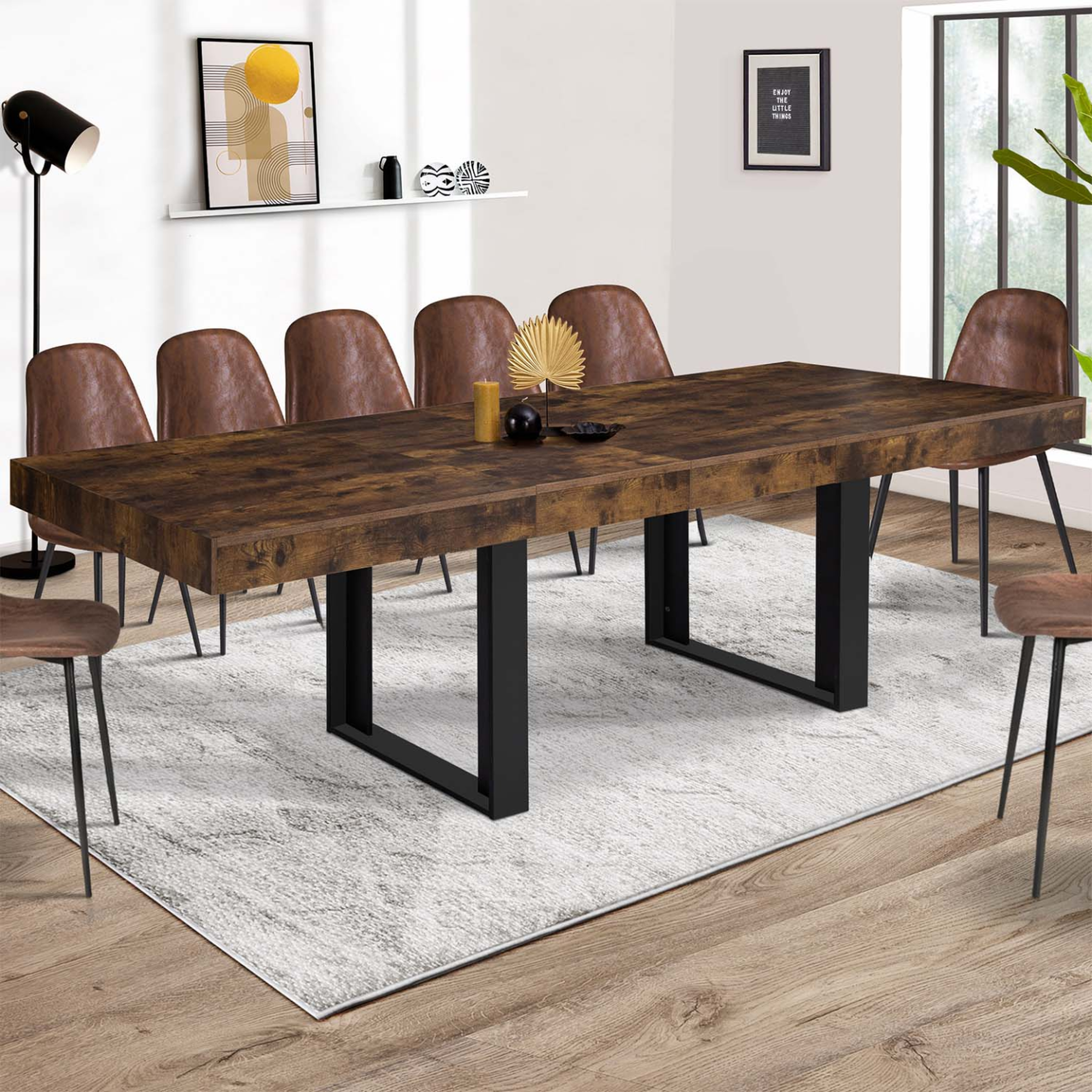 Voir la diapositive 2 : ID MARKET Table à manger extensible rectangle phoenix 6-12 personnes bois effet vieilli et noir 200-300 cm