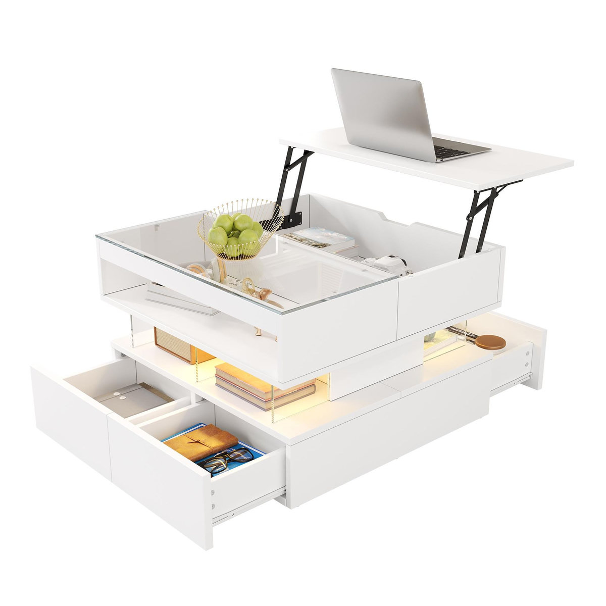 MERAX Table basse relevable rectangulaire blanc - 67x70 cm led panneau de particules