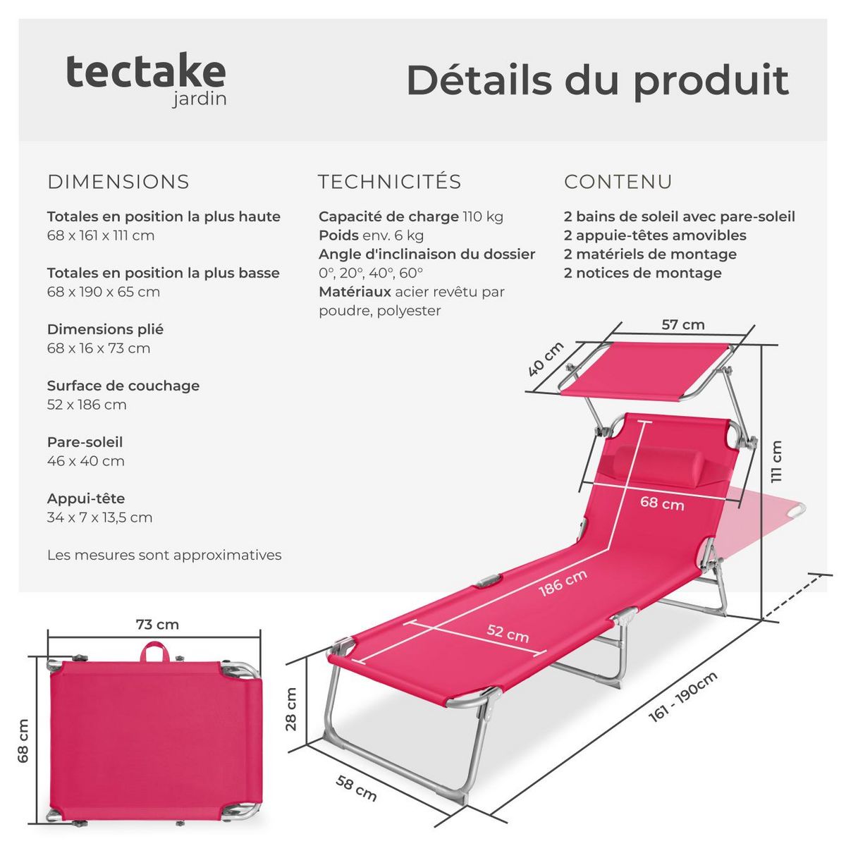 tectake Lot de 2 transats de jardin en acier pliable rose vif