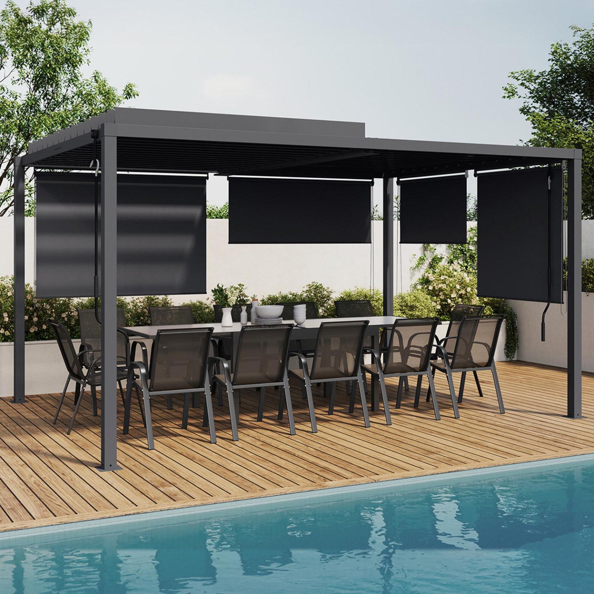 Voir la diapositive 2 : ID MARKET Pergola bioclimatique lames orientables acier 3x4 m et 4 stores gris anthracite