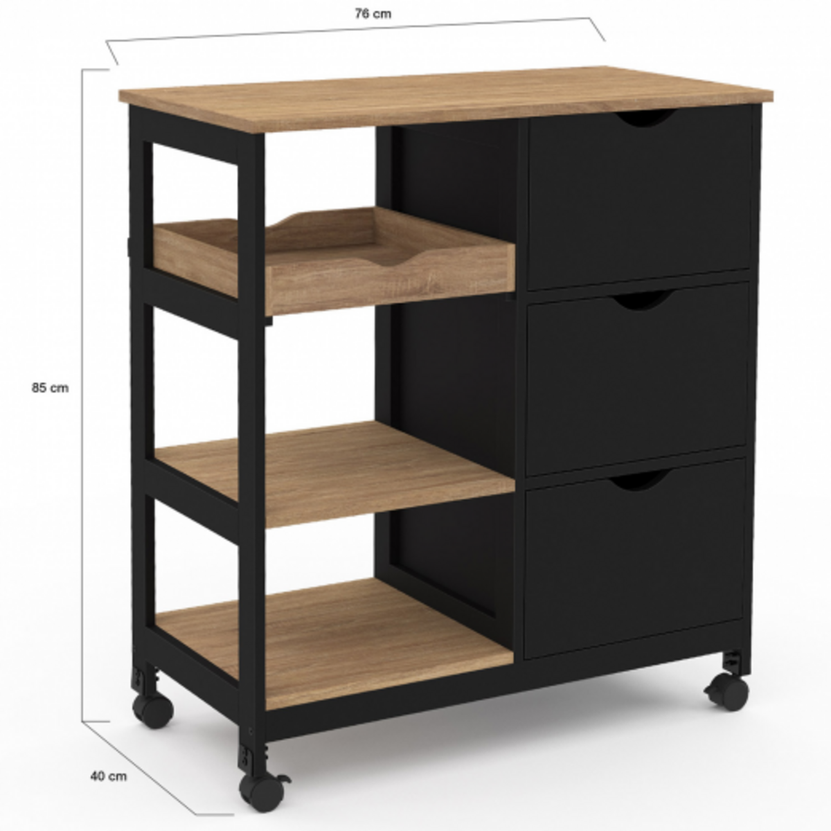 ID MARKET Desserte de cuisine MUNA 3 paniers + 1 plateau amovible noir et effet hêtre L.76 cm