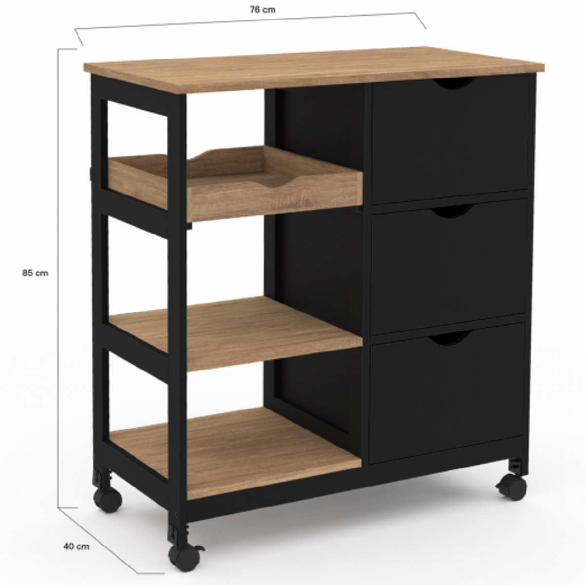 ID MARKET Desserte de cuisine MUNA 3 paniers + 1 plateau amovible noir et effet hêtre L.76 cm