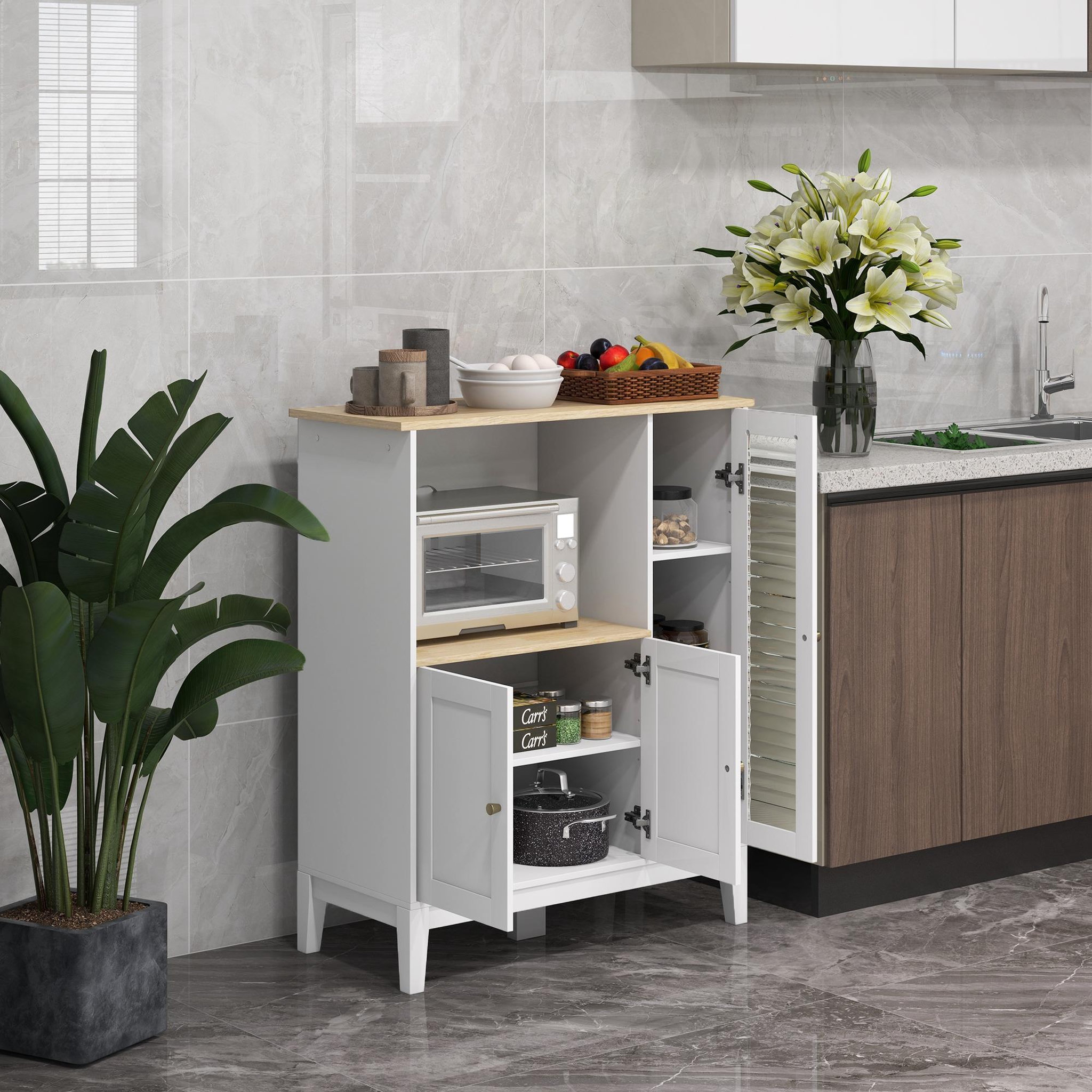 Voir la diapositive 4 : HOMCOM Buffet style classique chic - 3 portes 3 étagères niche petit électroménager - blanc aspect chêne clair