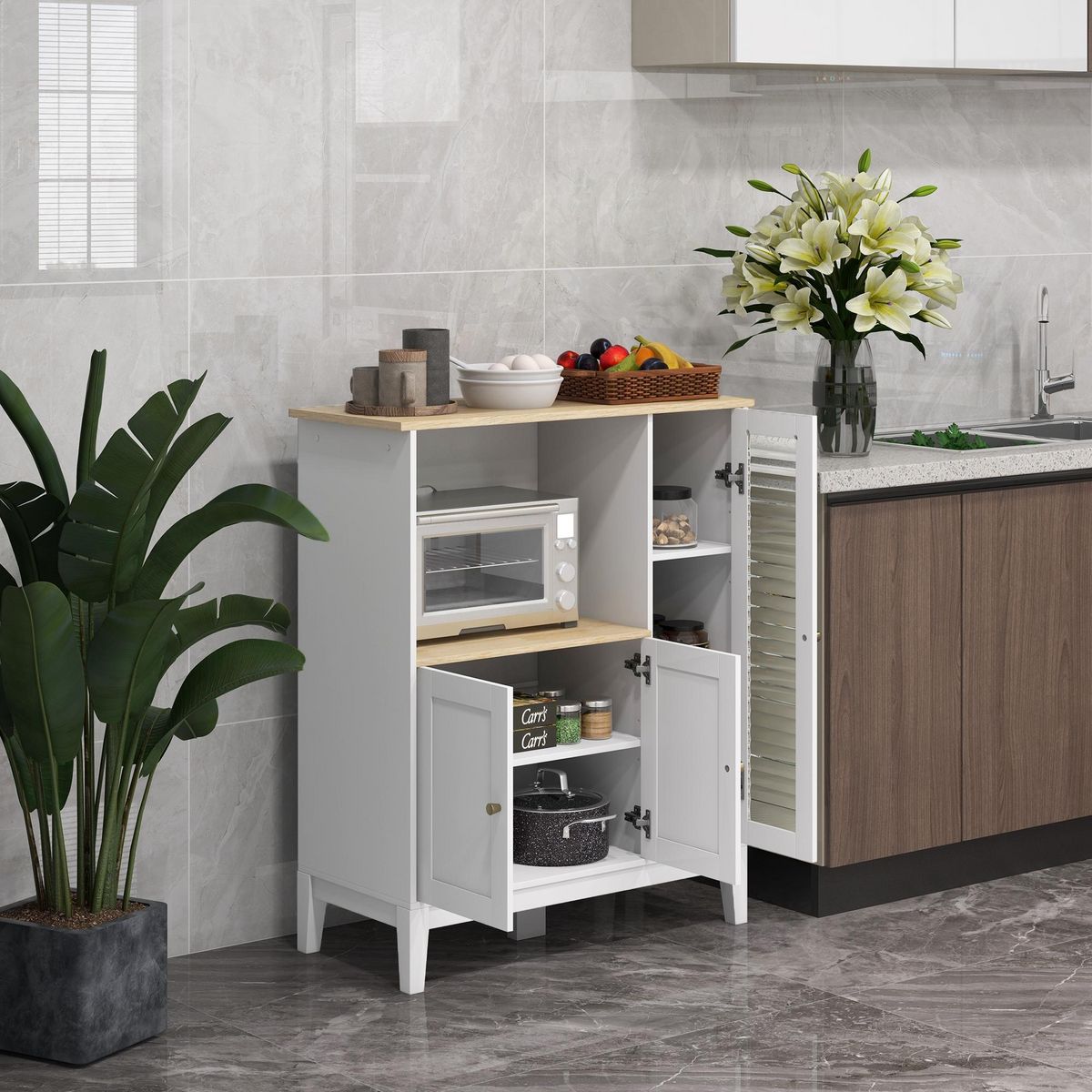 HOMCOM Buffet style classique chic - 3 portes 3 étagères niche petit électroménager - blanc aspect chêne clair